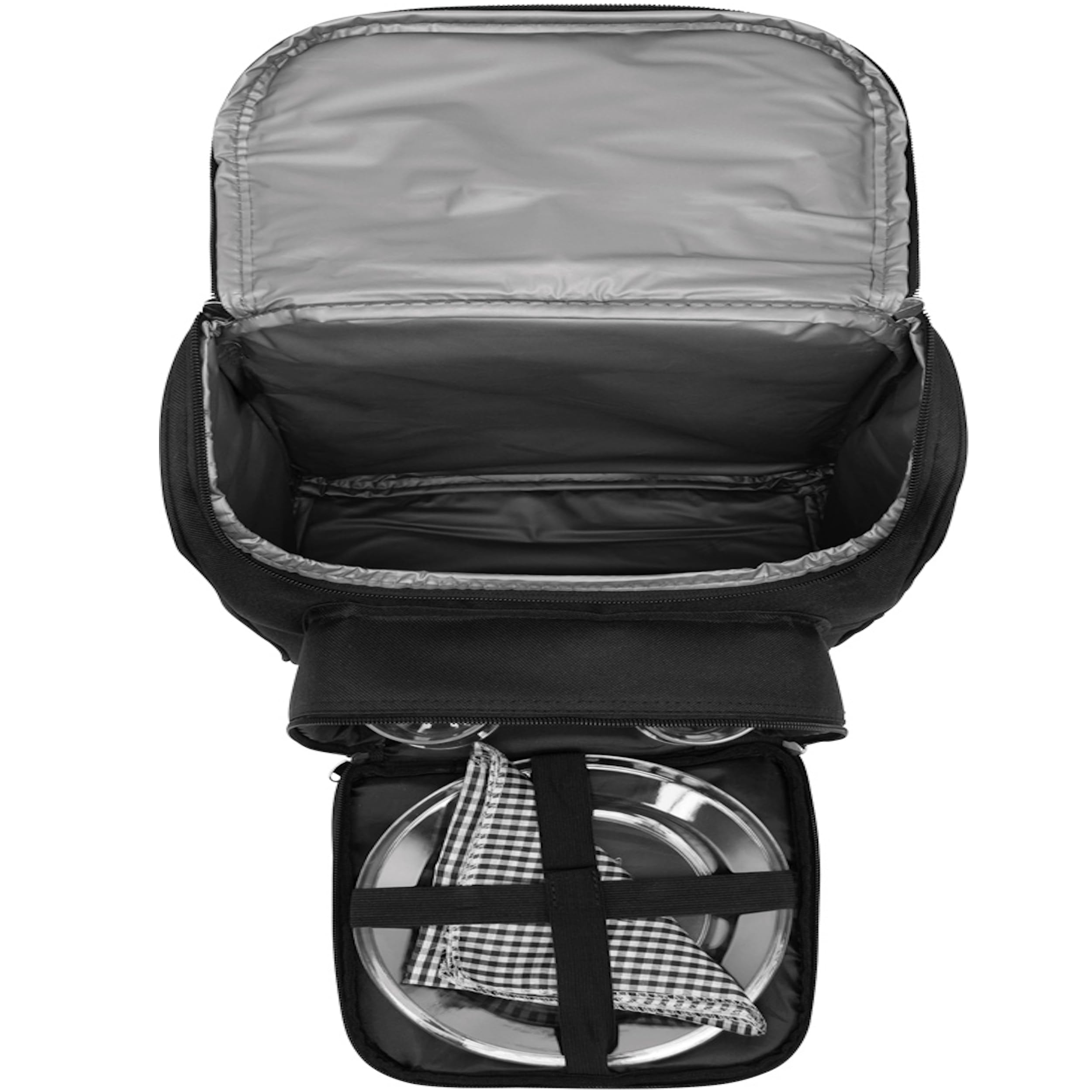 Picknick-Rucksack 2 Personen blau schwarz isoliertes Reißverschluß-Kühlfach Vorfach inkl. Besteck Kunststoff-Weingläser & Teller Stoffservietten 2 Netzeinsteckfächer gepolsterte Gurte (Schwarz)