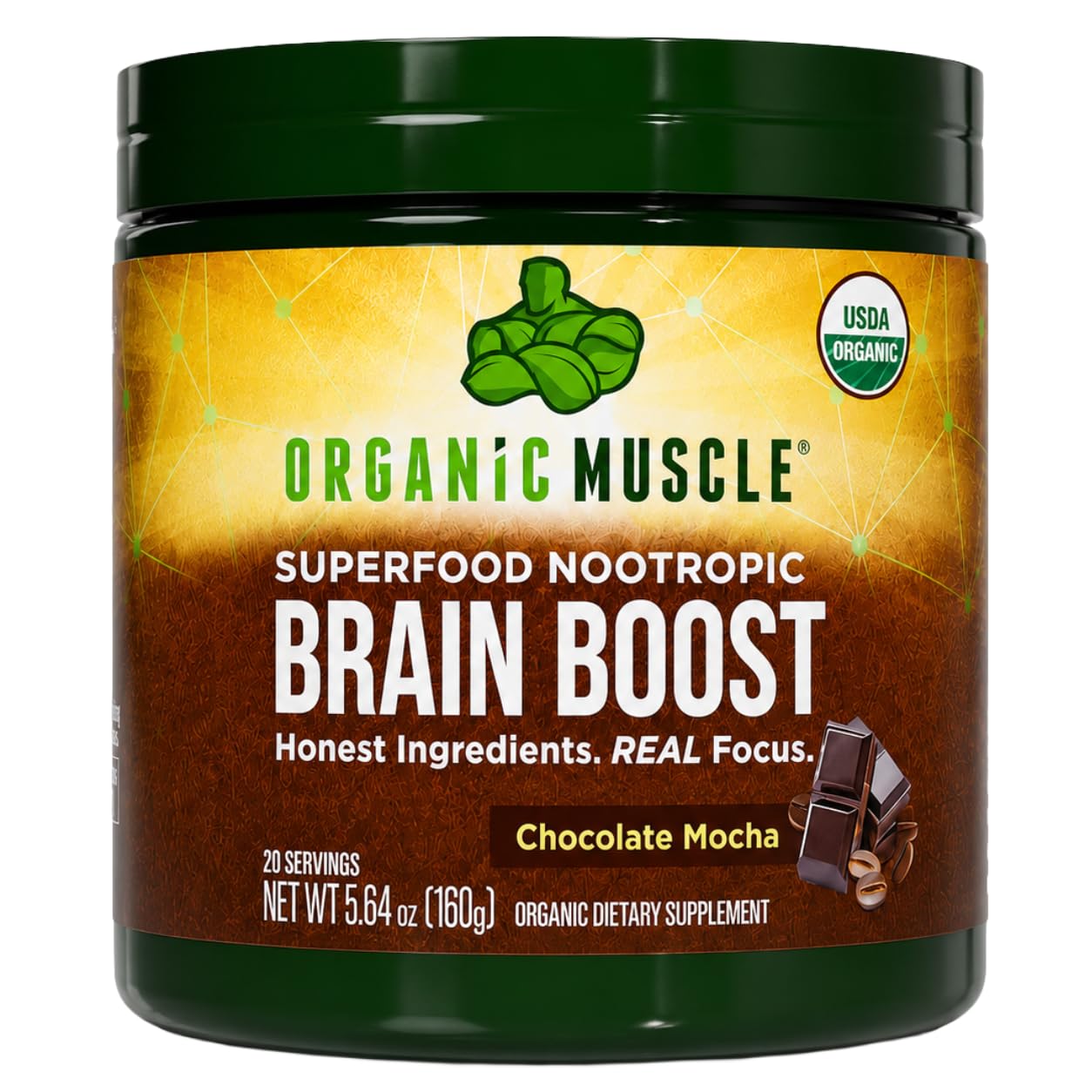 Organic Muscle Suplemento em pó vegano orgânico com ashwagandha, ginkgo e ginseng, sabor chocolate com mocha, 20 porções