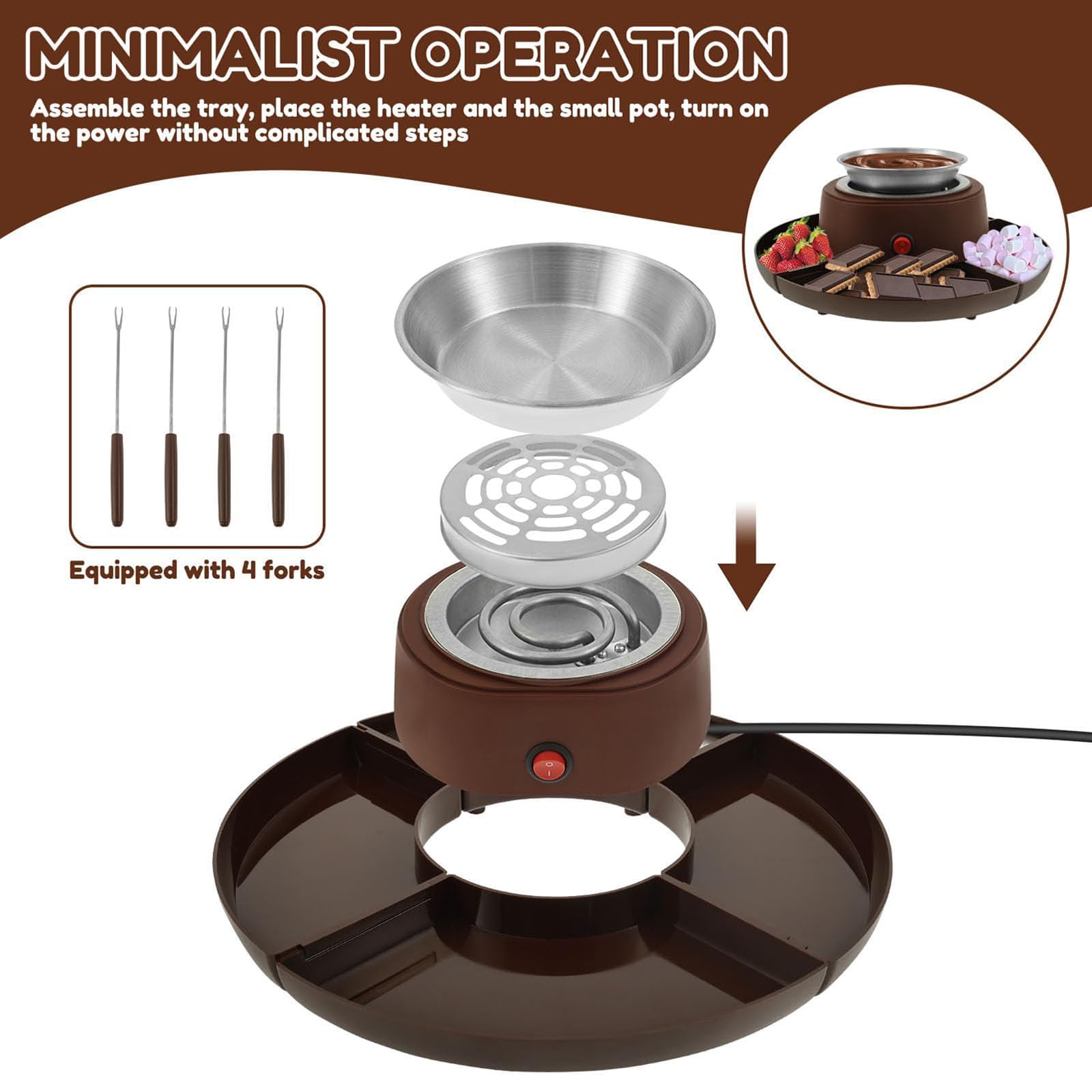 Zestaw Do Przygotowywania Smores I Czekoladowego Fondue 2 W 1, Bezpłomieniowy Podgrzewacz Stołowy Z Regulacją Temperatury, 4 Widelce Do Pieczenia I 4 Zdejmowane Tace