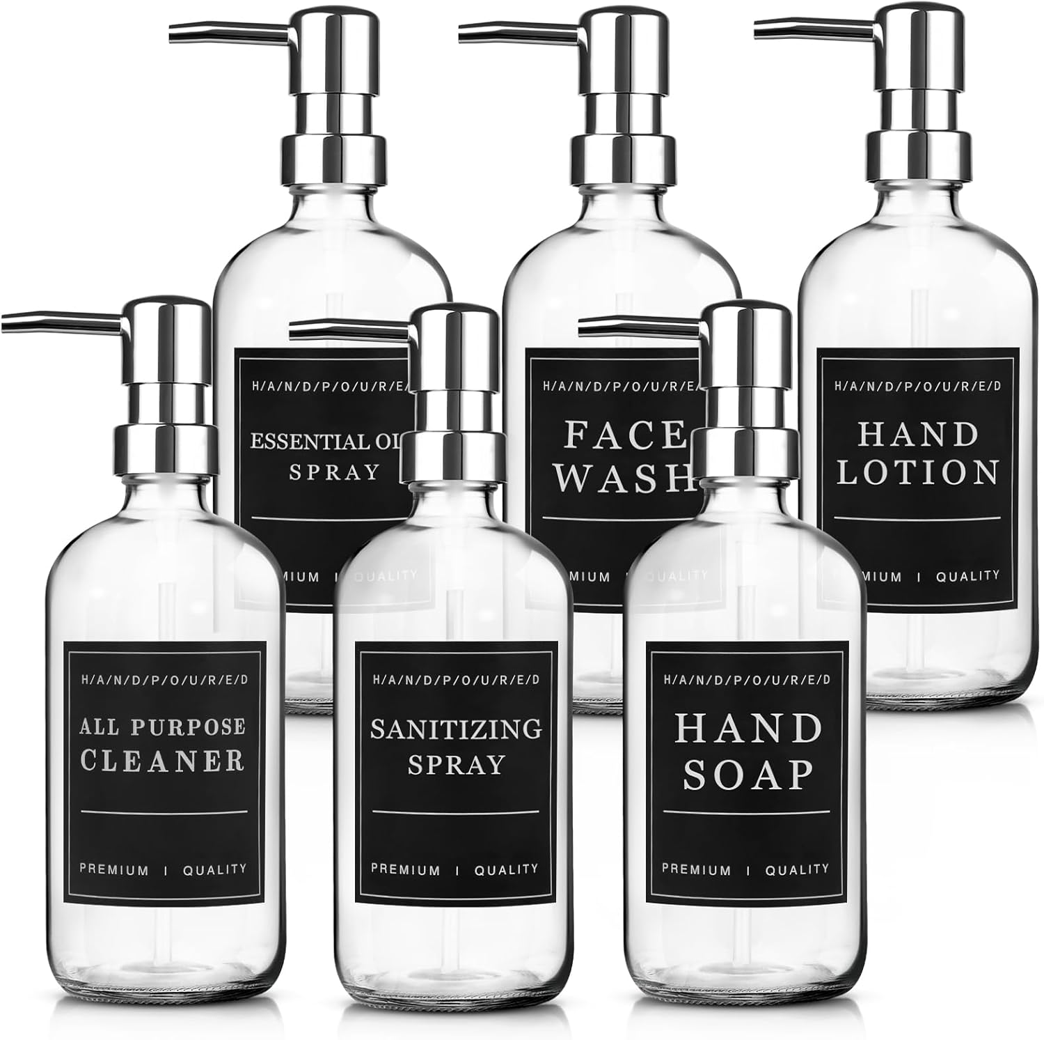 6 Pack Glass Soap Dispenser with Pump 17 oz Refillable Liquid Hand Soap Dispensers for Bathroom Kitchen Liquid Bottle with Labels for Dishwashing Soap Shampoo Body Wash Facial Cleanser Lotion,Clear - Image 8