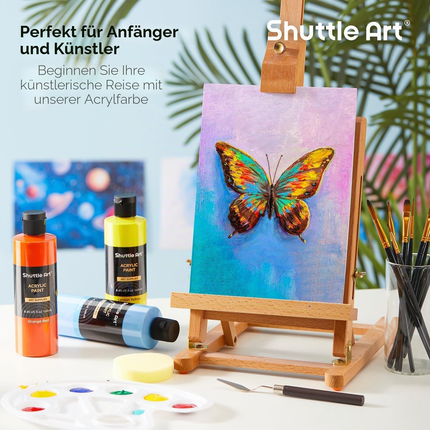 Shuttle Art Acrylfarben Set, 18 Acrylfarben in Flaschen (je 250ml, 8,45oz), hochpigmentierte Acrylfarbe, Premiume Acrylfarbe für Künstler, Anfänger und Erwachsene auf Steine, Leinwand, Holz geeignet
