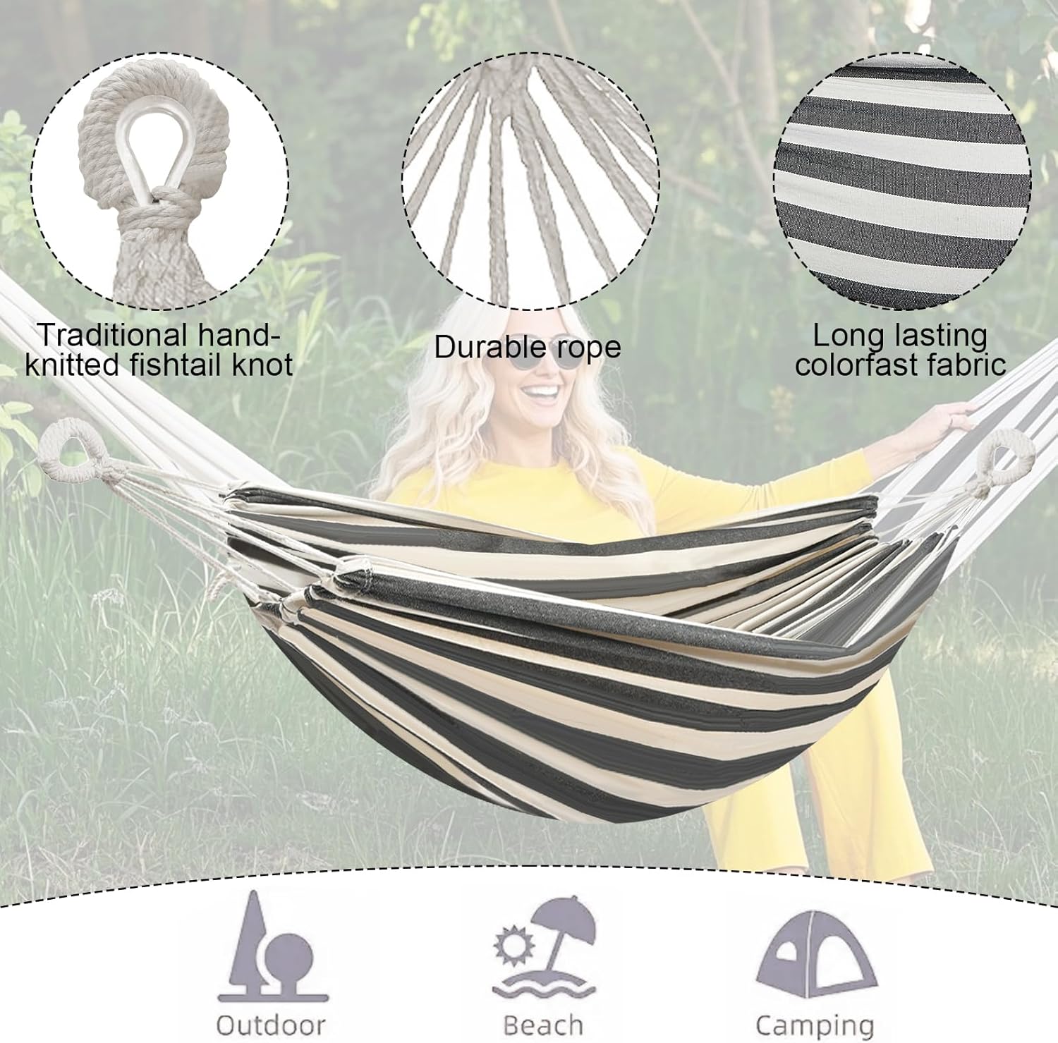 Double Hammock Comfortable with Stand for Hanging Sturdy 440lbs Capacity Hammock for Camping Outside Garden Outdoor Indoor Patio Backyard, Black and White