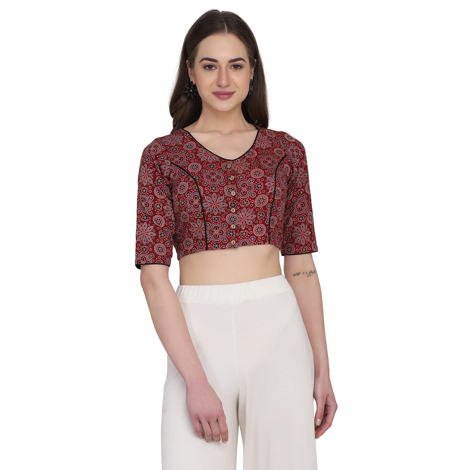 Women Maroon Black Ajrakh Block Printed Cotton Saree Blouse-image-17