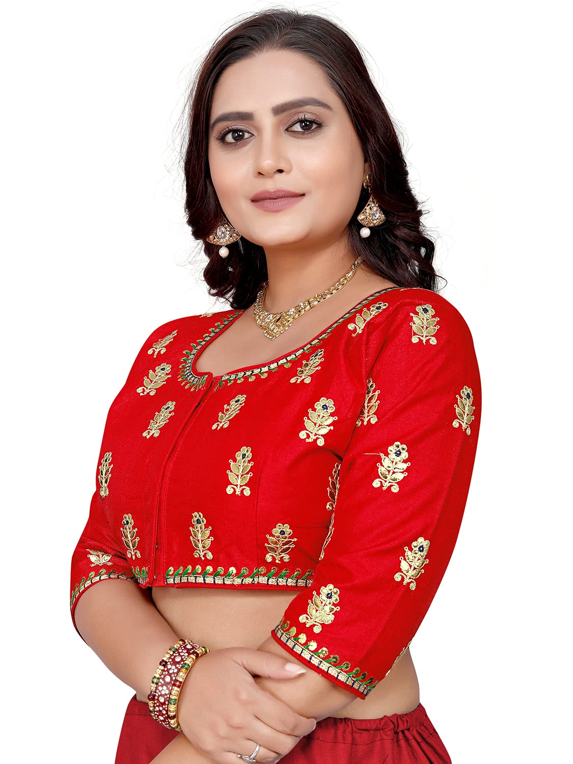 leeza store Women's Cotton Silk Blend Multicolor Mandala Pattern Embroidered Ready to Wear Blouse, Pink, 42