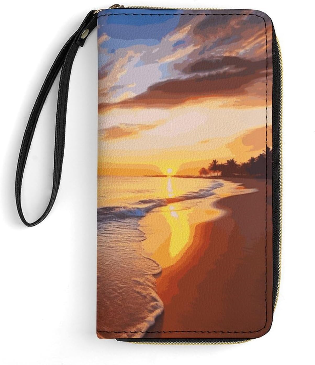 Classic Durable Beautiful Tropical Sunrise on The Beach Printed Leather Card Holder with Rope, Suitable for Both Men And Women, Ideal Daily Storage Tool, Simplifies Your Life, Can Be Used As A Holiday