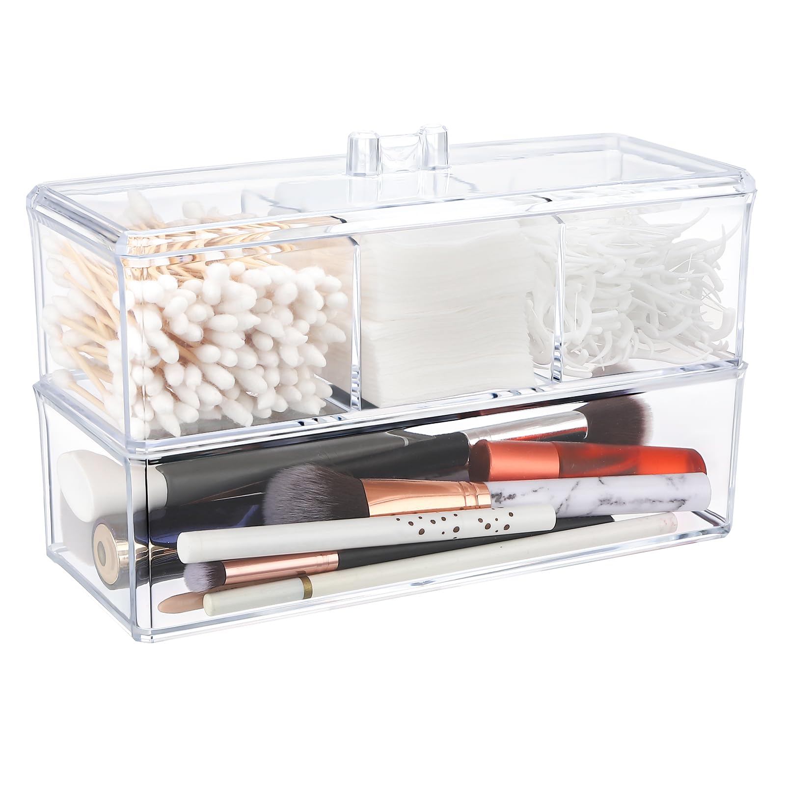 Photo 1 of 2 Layer Qtip Holder Transparent 3 Compartments Cotton Ball and Swab Holder Organizer with Lid,Jar for Cotton Rounds,Bathroom Containers,Clear Acrylic Desk Organizer for Makeup Pads,Cosmetics Bedroom