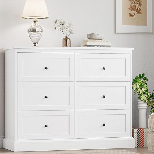 FOTOSOK White Dresser, 6 Drawer Dresser White, Modern Double Chest with Deep Drawers, Wide Storage Organizer Cabinet for Living Room Home