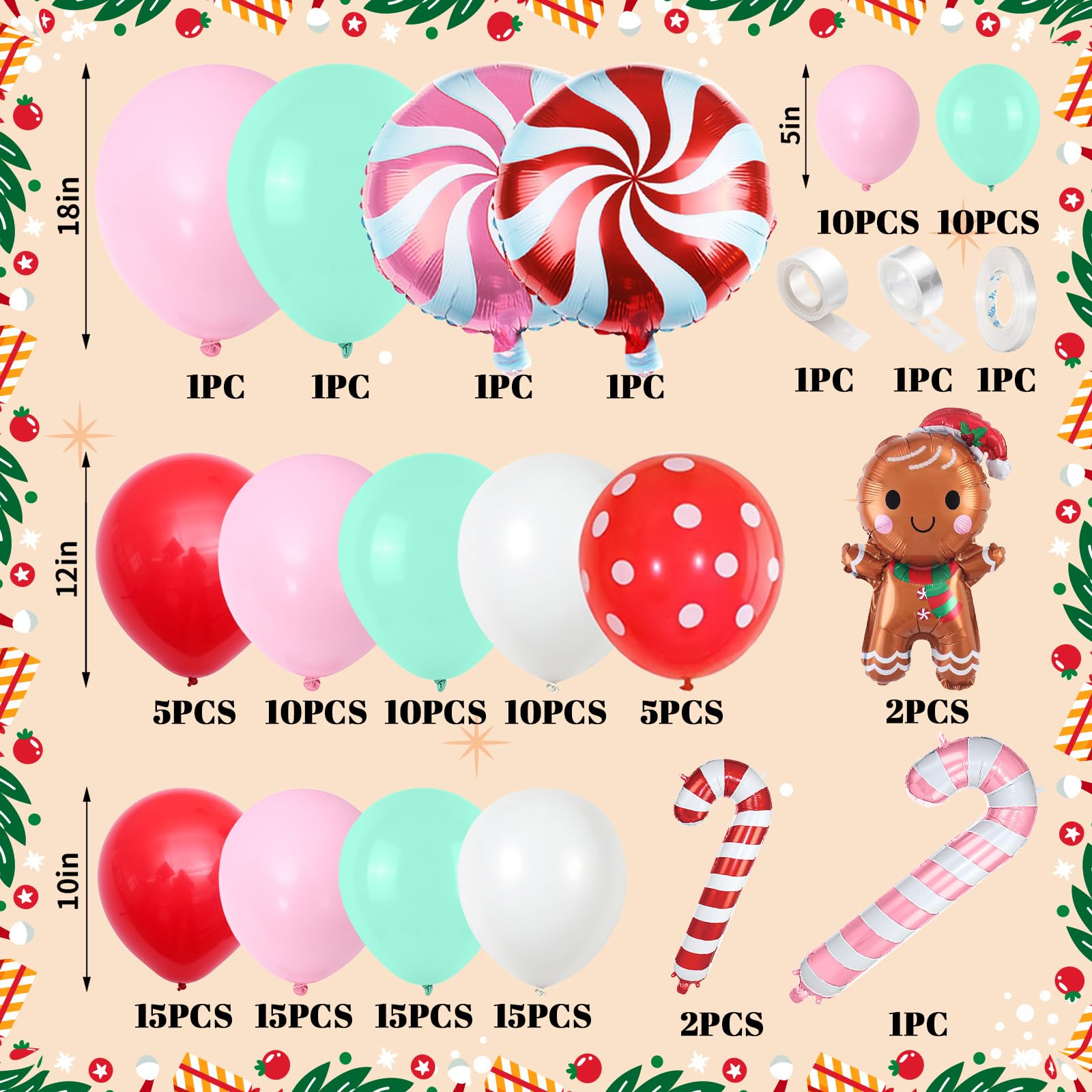 Christmas Balloons Arch Xmas 132PCS Red Pink Green White Balloon for Gingerbread Party Decorations with Cane Foil Balloons Lollipop Candy Balloon New Year Cookie Exchange Decor - Image 2
