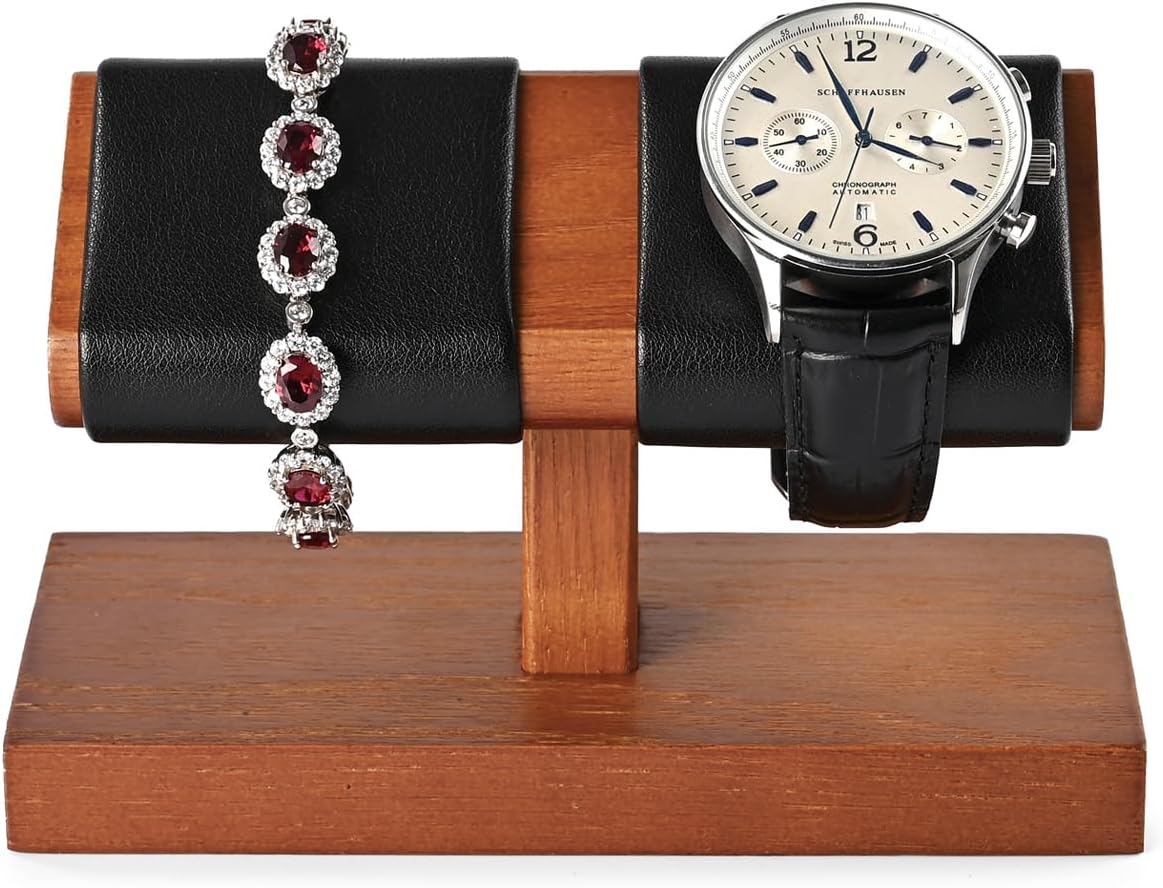 Solid Wood Watch Display Stand T-bar PU Leather Watch Stand Jewelry Holder For Men And Women Stand Organizer For Wristwatch/Bracelet/Storage Display Rack (Black)