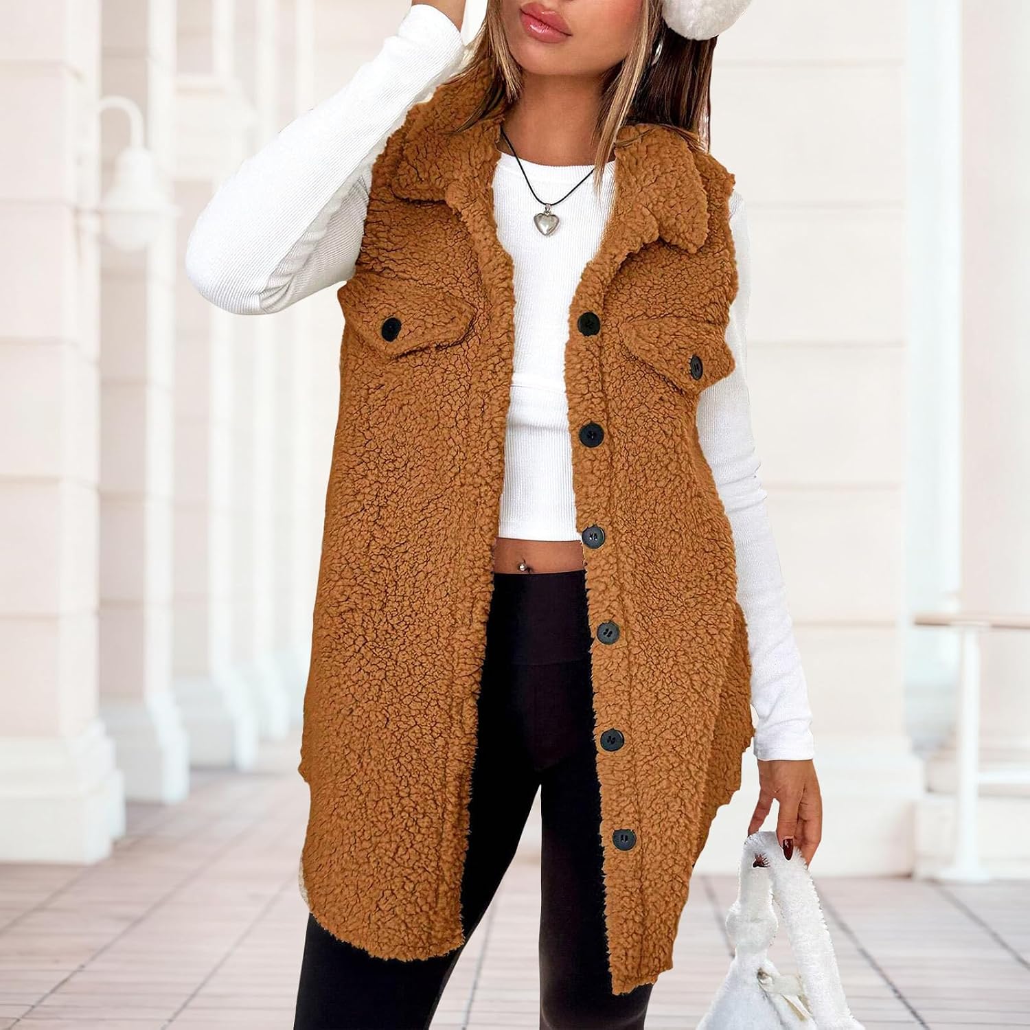 Zaswen Women's Fuzzy Fleece Sherpa Vest Lightweight Sleeveless Lapel Button Long Jackets Fall Warm Solid Outerwear Waistcoat