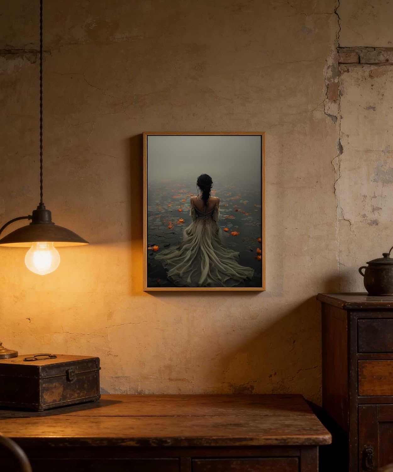 Framed Dark Academia Wall Art Lady in the Lake Moody Victorian Wall Decor Pictures Gothic Cottagecore Posters Prints Vintage Halloween Aesthetic Paintings for Gallery Bedroom Decoration 12x16in