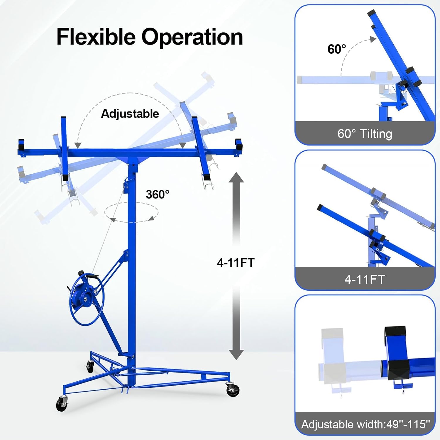 11FT Drywall Lift Sheetrock Lift, 150LBS Capacity, Drywall Lift Panel Hoist with Telescopic Arm, Drywall Jack Lift with 3 Lockable Wheels for Home Improvement Classic, 4'x16' Panel Size, Blue