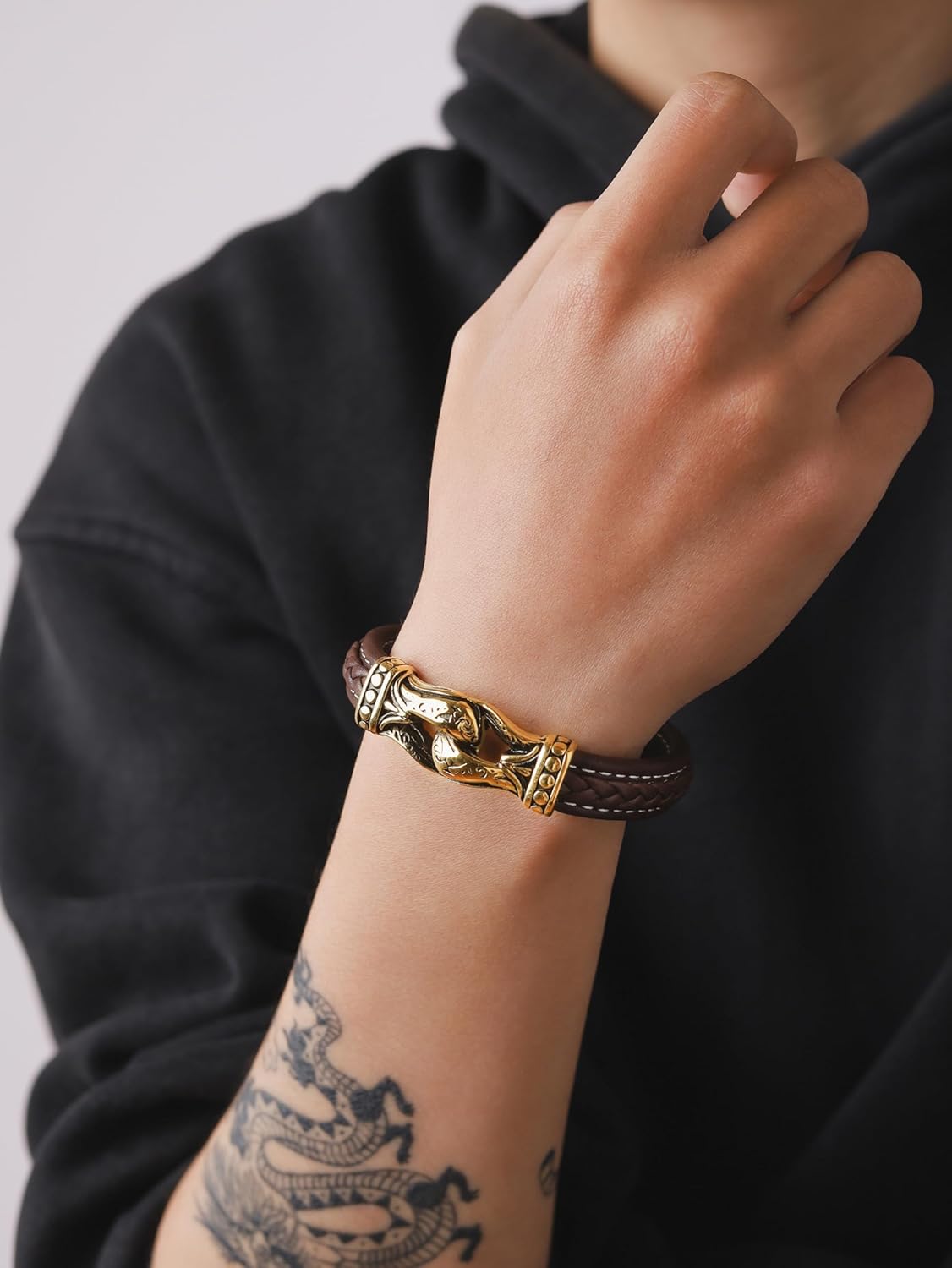 HAQUIL Men's Brown Leather Bracelet with Nordic Rune Bead and Secure Gold Plated Steel Clasp | Viking Jewelry Ideal Father's Day Anniversary Christmas Birthday Gift for Him - Image 5