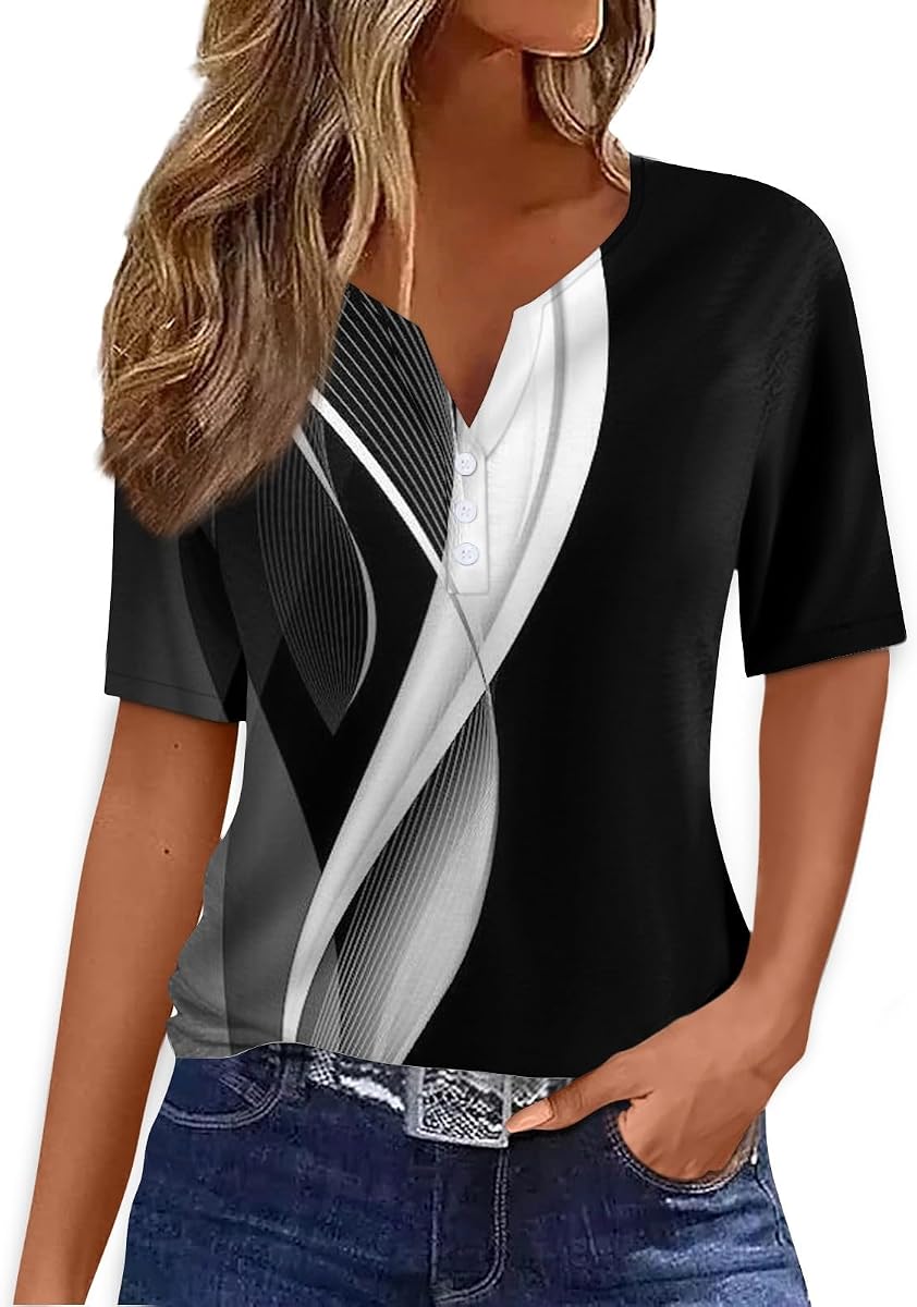 Womens Short Sleeve Tops 2026 Trendy Summer T Shirt Casual V Neck Pullover Button Printed Blouse Plus Size Tees