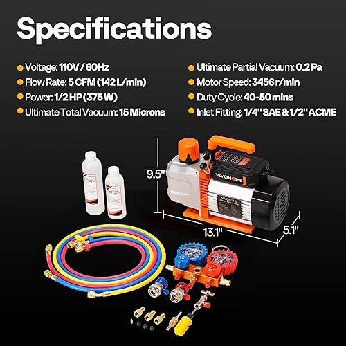 Miniatura 6 de VIVOHOME Serie VG - Juego de bomba de vacío de CA y medidor, bomba de vacío HVAC de 2 etapas 12 HP 5CFM y kit de manómetro de colector de 3 vías con