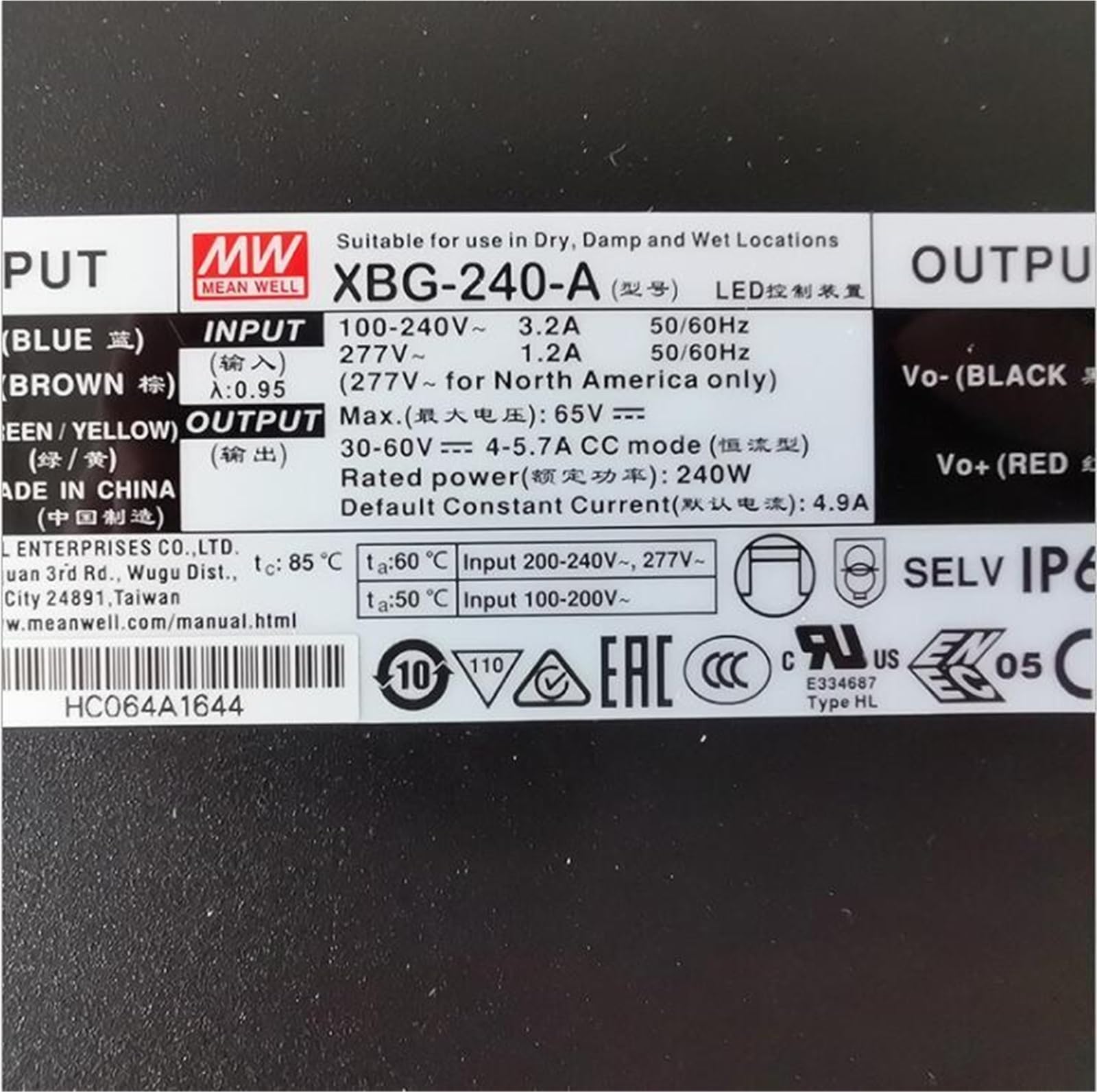 1PCS XBG-240 Serie DC27-56V IP67 240W Singola Uscita LED Luce Alimentazione, 3 in 1 Dimming Modalità di Potenza Costante Driver LED (XBG-240-A)