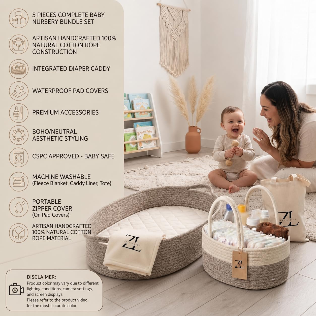 ZEAL'N LIFE Cesta Cambiadora de Bebé con Manta y Cambiador para Tocador, Portátil, Cesta de Moisés para Recién Nacidos (Marrón)