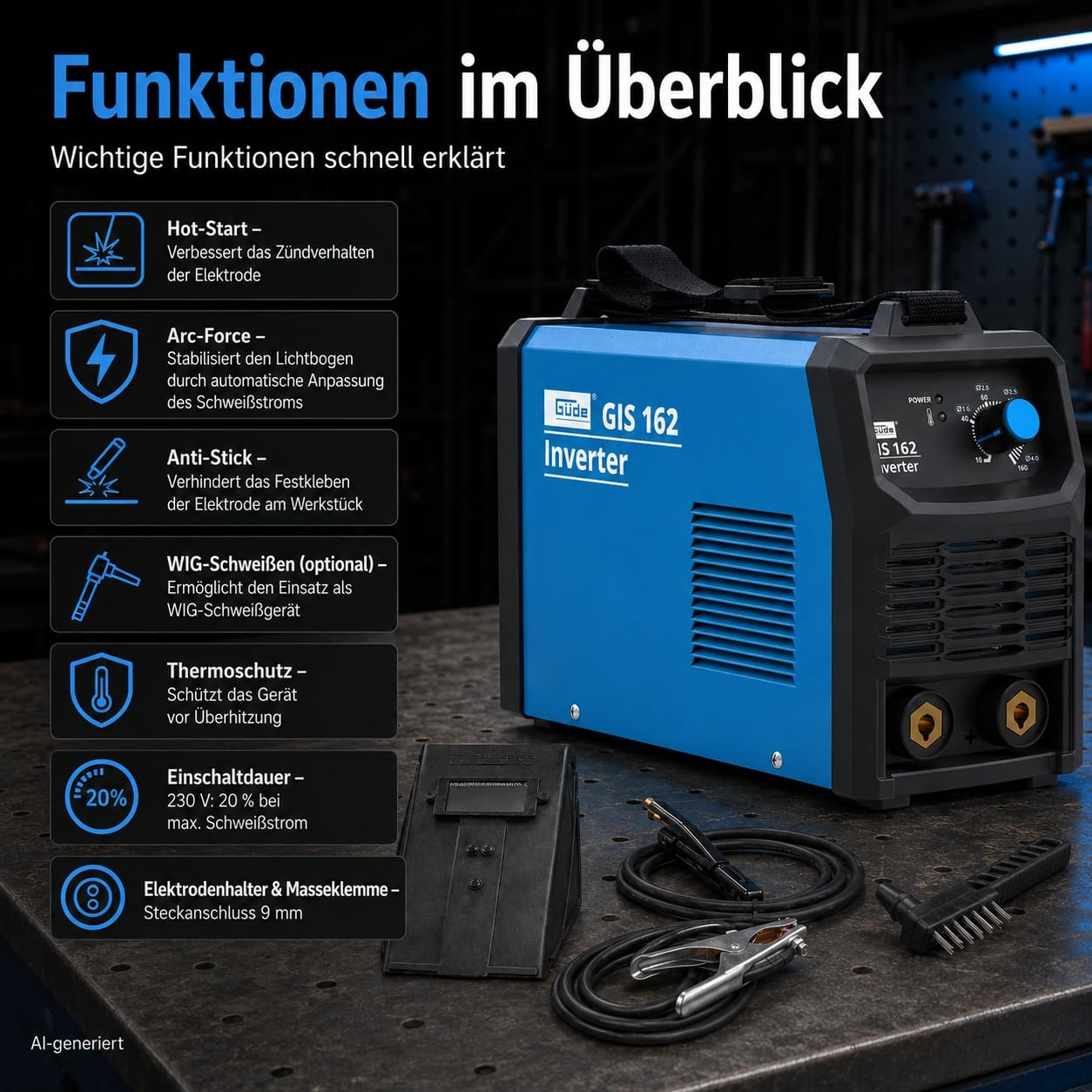 Güde Spawarka inwerterowa GIS 162 (230 V, moc biegu jałowego 15,5 W, maks. moc sieciowa 5,0 kVA, zakres regulacji prądu spawania 10-160 A, w zestawie uchwyt elektrody, zacisk masowy, młotek żużlowy i