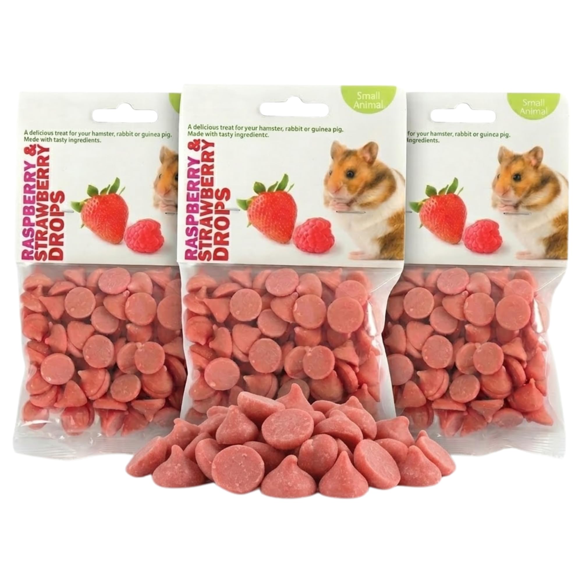 Pet Raspberry & Strawberry Drops for Small Pets (3 packs | 75g each) โ Berry Flavoured Training Treats for Hamsters, Guinea Pigs & Rabbits โ Crispy Button Rewards