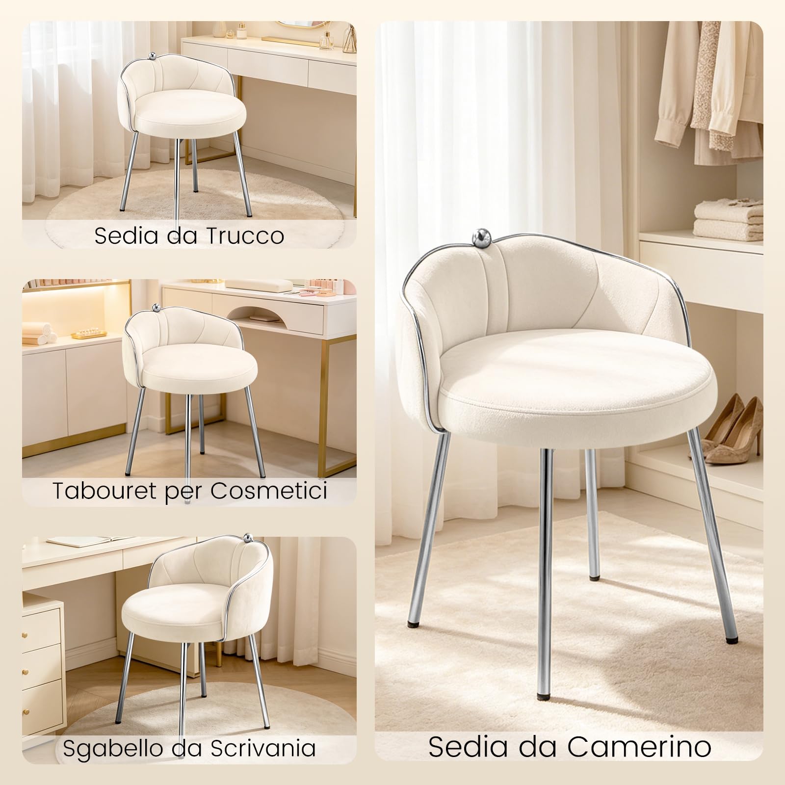 Hellove Sedia Trucco Girevole 360° in Velluto con Piedini Argento, Sgabello per Toeletta Trucco Rotondo, Pouf Poggiapiedi Pivotante con Schienale Curvo e Seduta Imbottita, Sgabelli per Camera, Beige