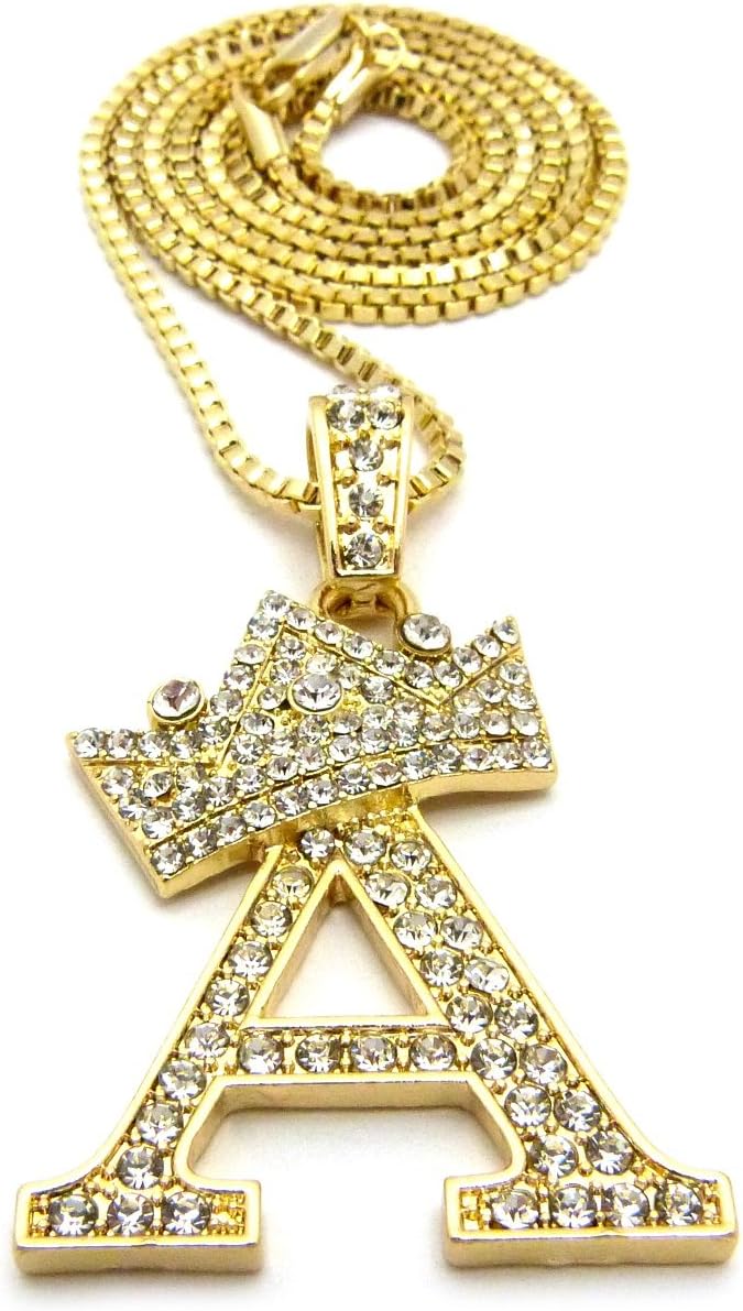 Fashion 21 Iced Out King Crown Alphabet Initial Pendant 2mm 24" Box Chain Necklace in Gold, Silver Tone (A - Gold)