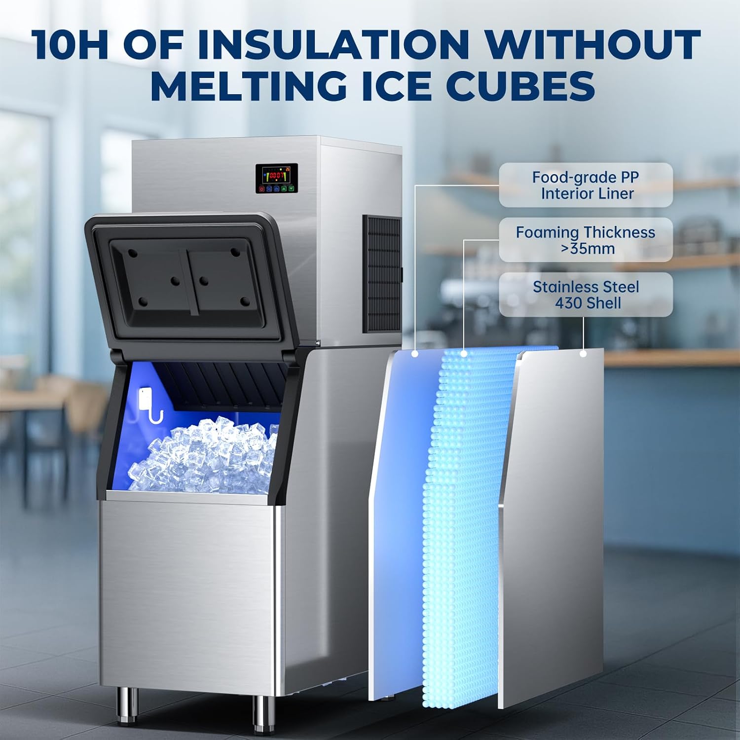 Commercial Ice Maker, 760 LBS/24h, 580lbs Storage Bin, Stainless Steel Ice Machine, ETL Approval, Ready in 8-15 min, Self-Cleaning with Premium Filter for Bar/Cafe/Restaurant/Business