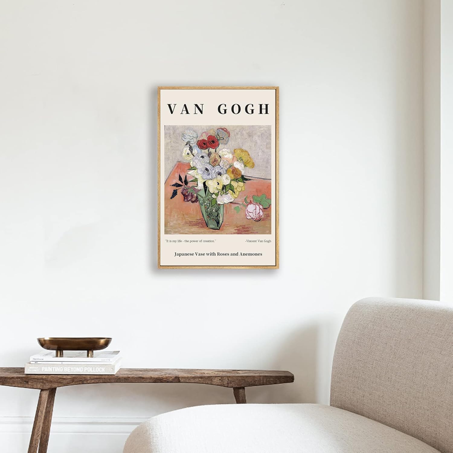 Reproductions of Van Gogh Paintings Japanese Vase with Roses and Anemones Canvas Wall Art for Living Room, Bed Room, Office Home Decoration 16x24in (Natural Framed)