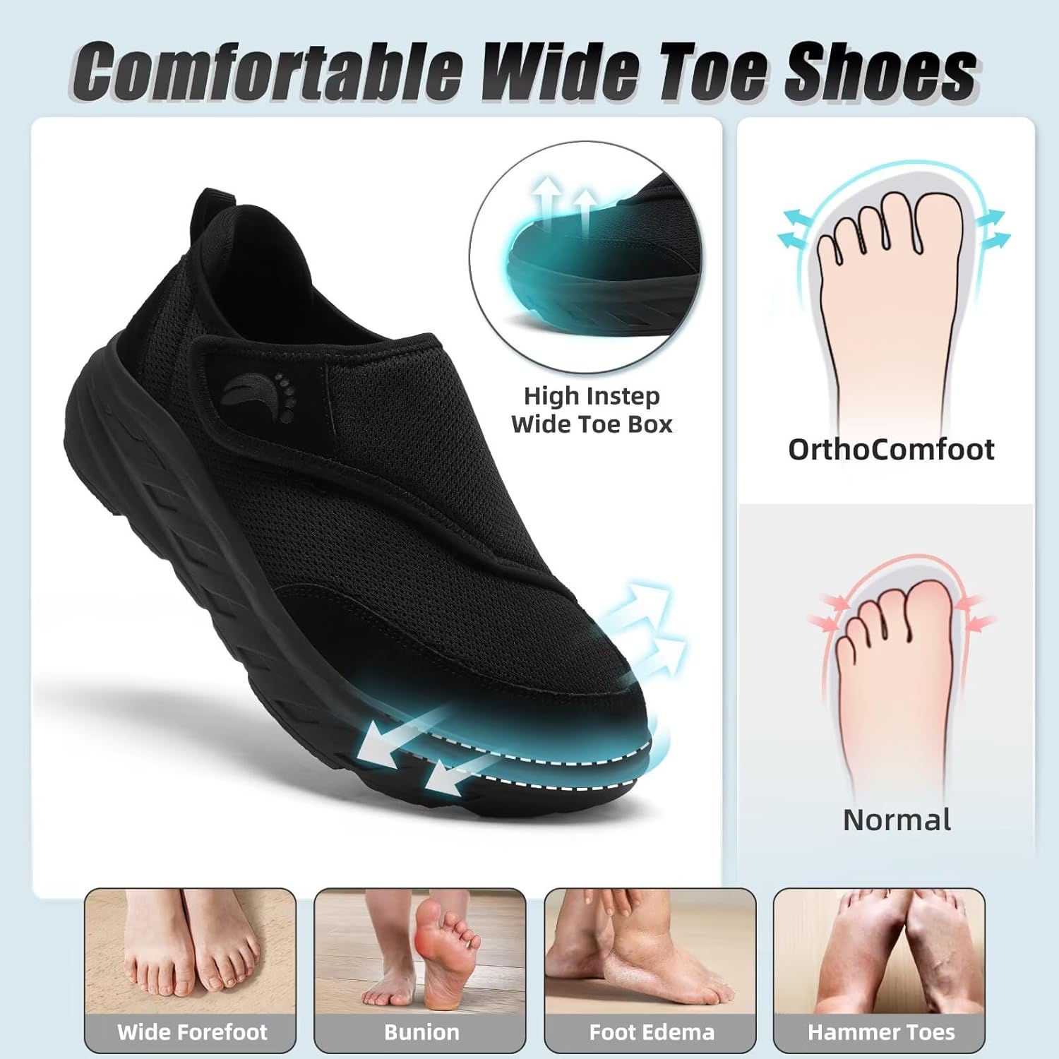 OrthoComfoot Men's Orthopedic Diabetic Wide Walking Shoes: Comfortable Arch Support Plantar Fasciitis Orthotics Slip On Loafers, Hammer Toes Casual Hook and Loop Shoes for Foot and Heel Pain Relief - Image 2