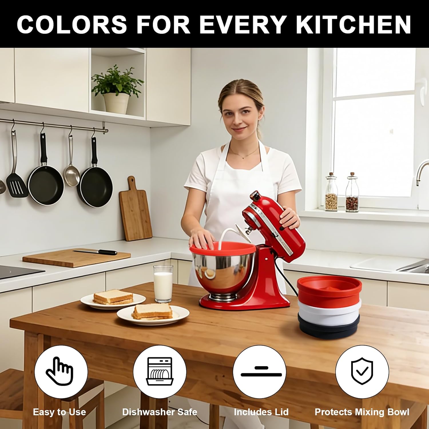 5 Qt Foldable Tilt-Head Silicone Liners for kitchenaid Stand Mixer, Silicone Bowl Liners with Lids, Kitchen Aid Accessories and Attachments for Baking and Cooking (3pcs Black+Red+White)