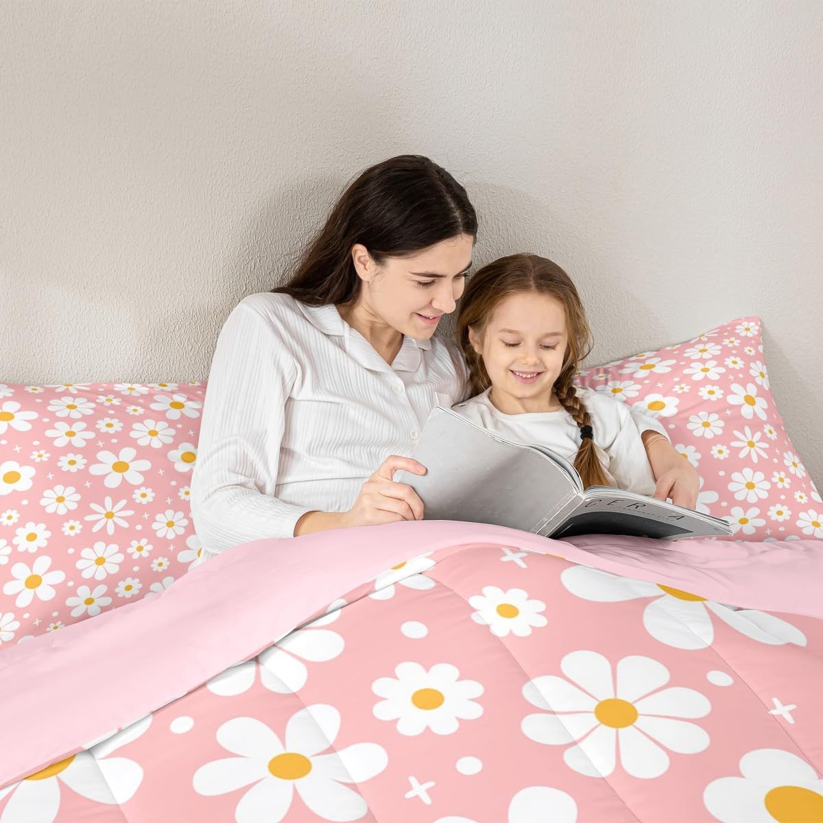 Feelyou Daisy Flower Bedding Set for Kids Boys Girls Groovy Floral Comforter Set Twin Size Retro Floral Boho Duvet Quilt Bedroom Decor Breathable Soft Lightweight Microfiber Light Pink 2Pcs