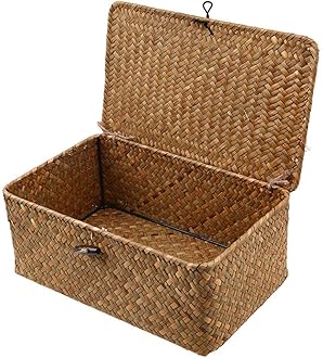 Wicker Storage Basket Woven Rattan Storage Box With Lids Seagrass Laundry Baskets Makeup Organizer For Bathroom, Living Room, Kitchen (S)