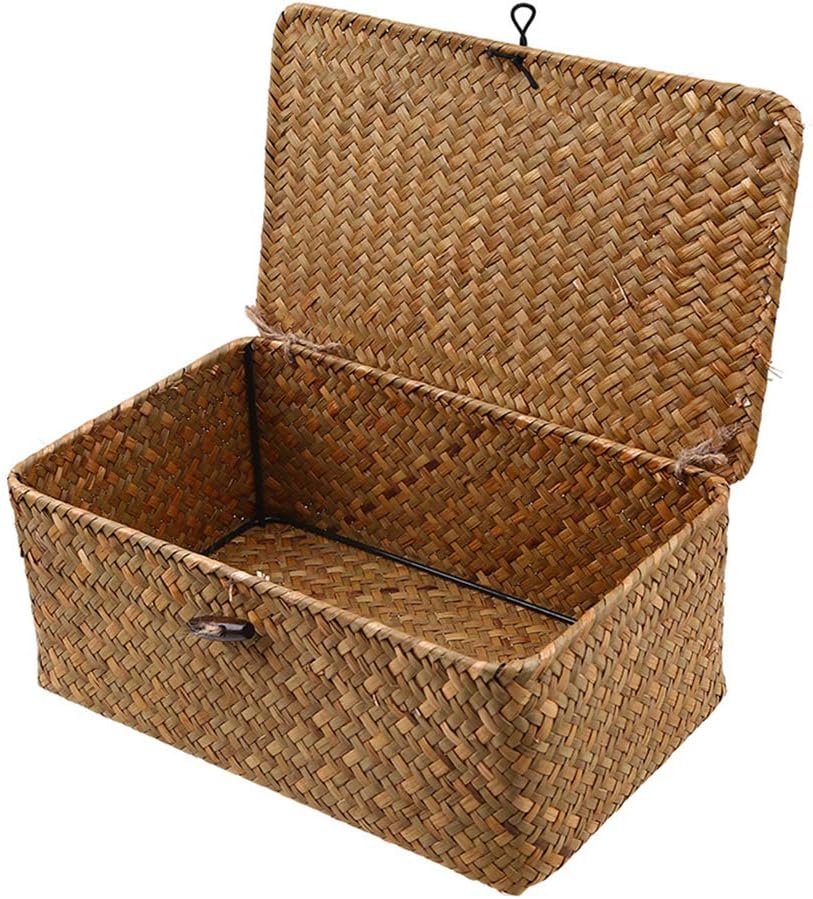 Esoes Wicker Storage Basket Woven Rattan Storage Box With Lids Seagrass Laundry Baskets Makeup Organizer For Bathroom, Living Room, Kitchen (L)