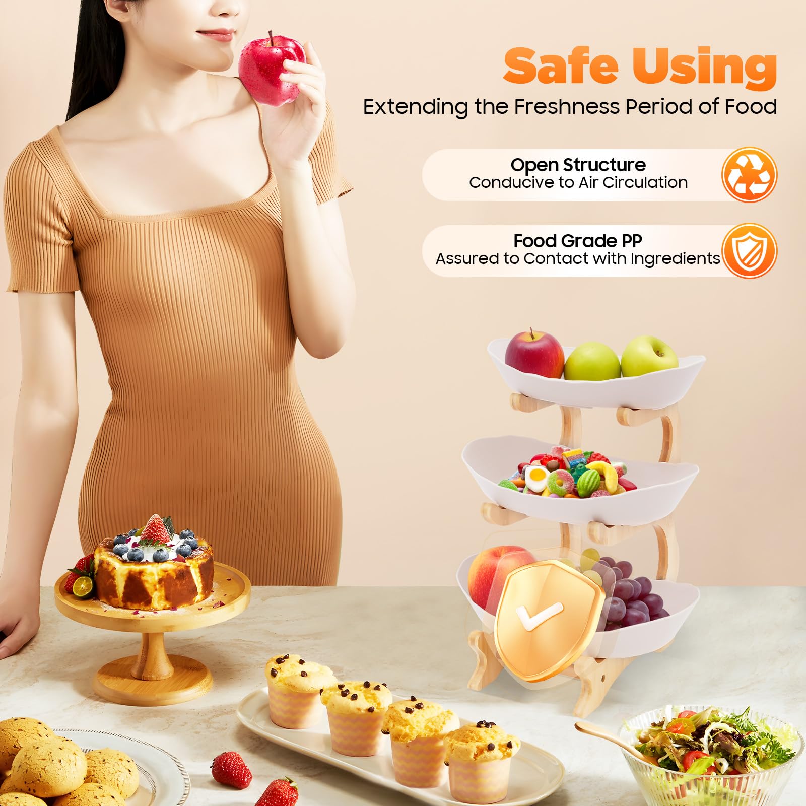 Présentoir à fruits à 3 étages | Bol à fruits en céramique et porcelaine | Assiette à fruits ovale en bambou naturel | Support ovale en bois de bambou naturel | Présentoir à tarte - Plateau à
