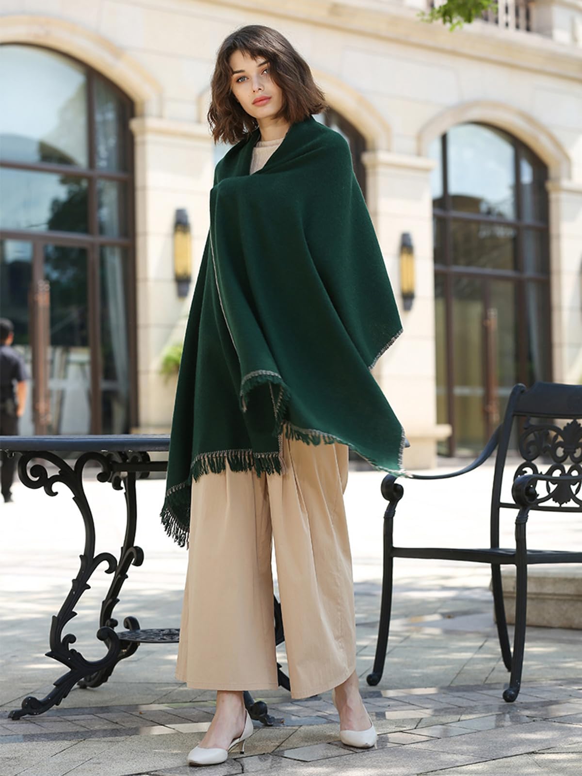Mujer Cálido Bufanda Mantón de Lana con Borlas, Moda Largo Grande Manta Bufanda Chal Borla, 100% Lana Bufanda Chales Estola on Flecos para Noche Boda Viaje, Señoras Otoño Invierno Regalo Green F