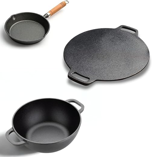 NUTRION Pre-Seasoned Cast Iron Cookware Set | Tawa + Kadai + Tadka Pan | Kitchen Cooking Combo Pots &amp; Pans Set of 3Pcs | 1...