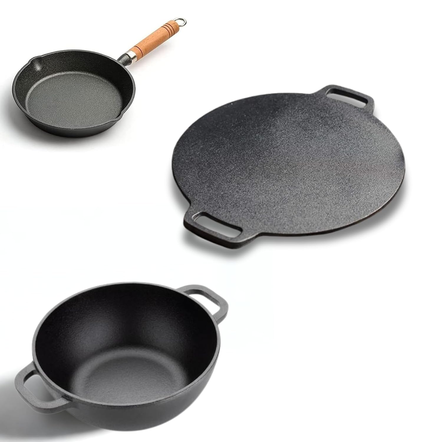 NUTRION Pre-Seasoned Cast Iron Cookware Set | Tawa + Kadai + Tadka Pan | Kitchen Cooking Combo Pots & Pans Set of 3Pcs | 1...