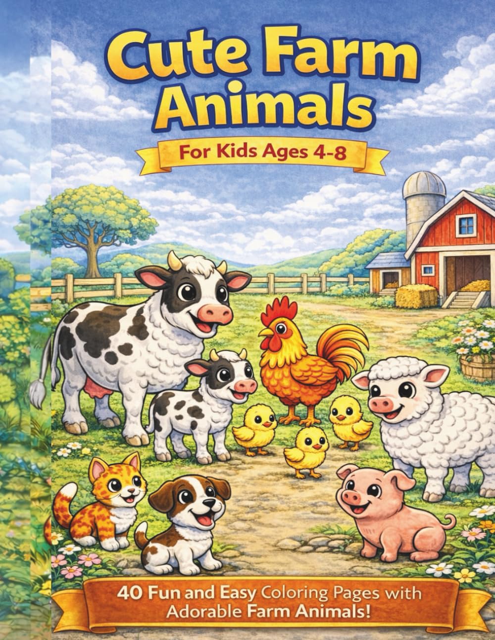 Cute Farm Animals Coloring Book for Kids Ages 4–8: 40 Fun and Easy Coloring Pages with Friendly Farm Animals