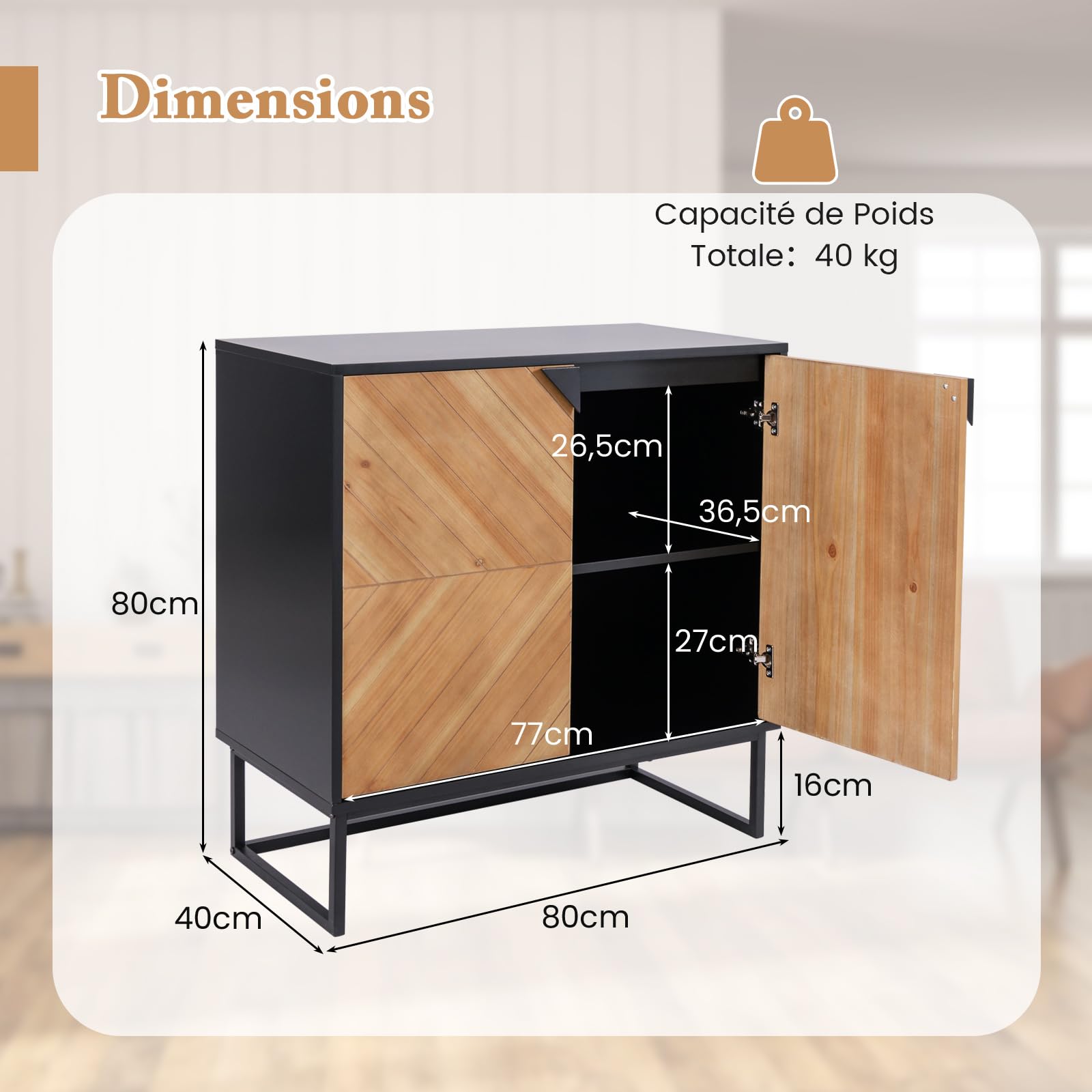 COSTWAY Buffet Bas Moderne avec 2 Portes, Étagère et Pieds en Métal (Noir)