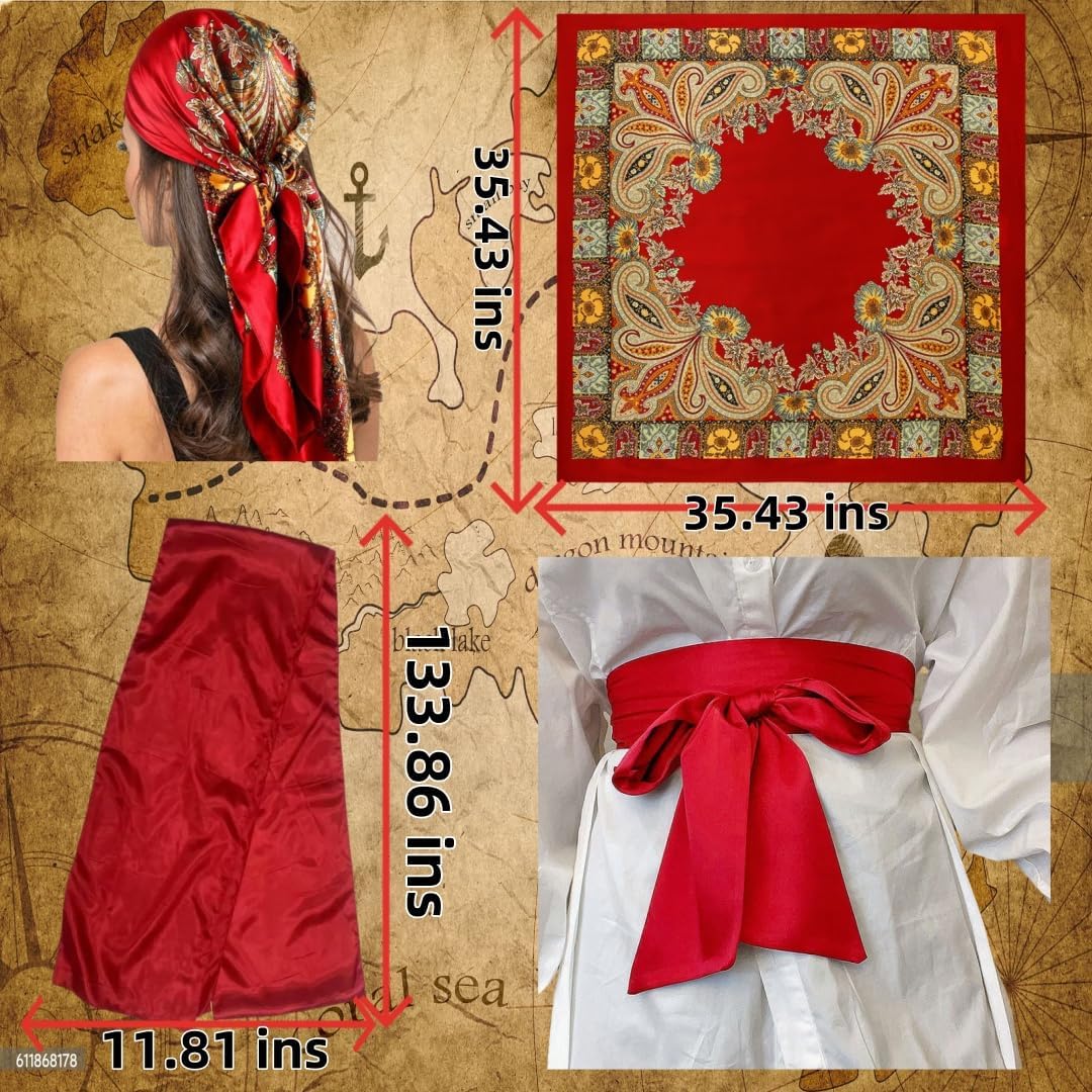 9PCS Pirate Costume Accessories Women with Head Scarf Wrap Pirate Eye Patch Sash Belt Necklace,Bracelet,Binocular,Coins - Image 4