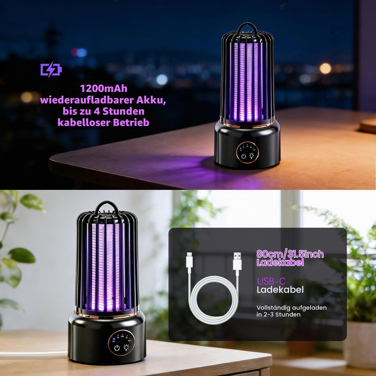 Insektenvernichter Elektrisch, 3-In-1 1200mAh Mückenlampe Mückenfalle Akku mit LED-Licht, 3600V Fliegenfalle Elektrisch Insektenfalle Moskito Killer mit 4-Timer für Innen Außen Camping Haus Garten