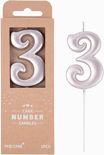 PHD CAKE Velas de Cumpleaños de 7 cm Elegantes de Oro Rosa con Número 3, Velas con Número de Oro Rosa, Velas Numéricas para Pastel, Decoración para