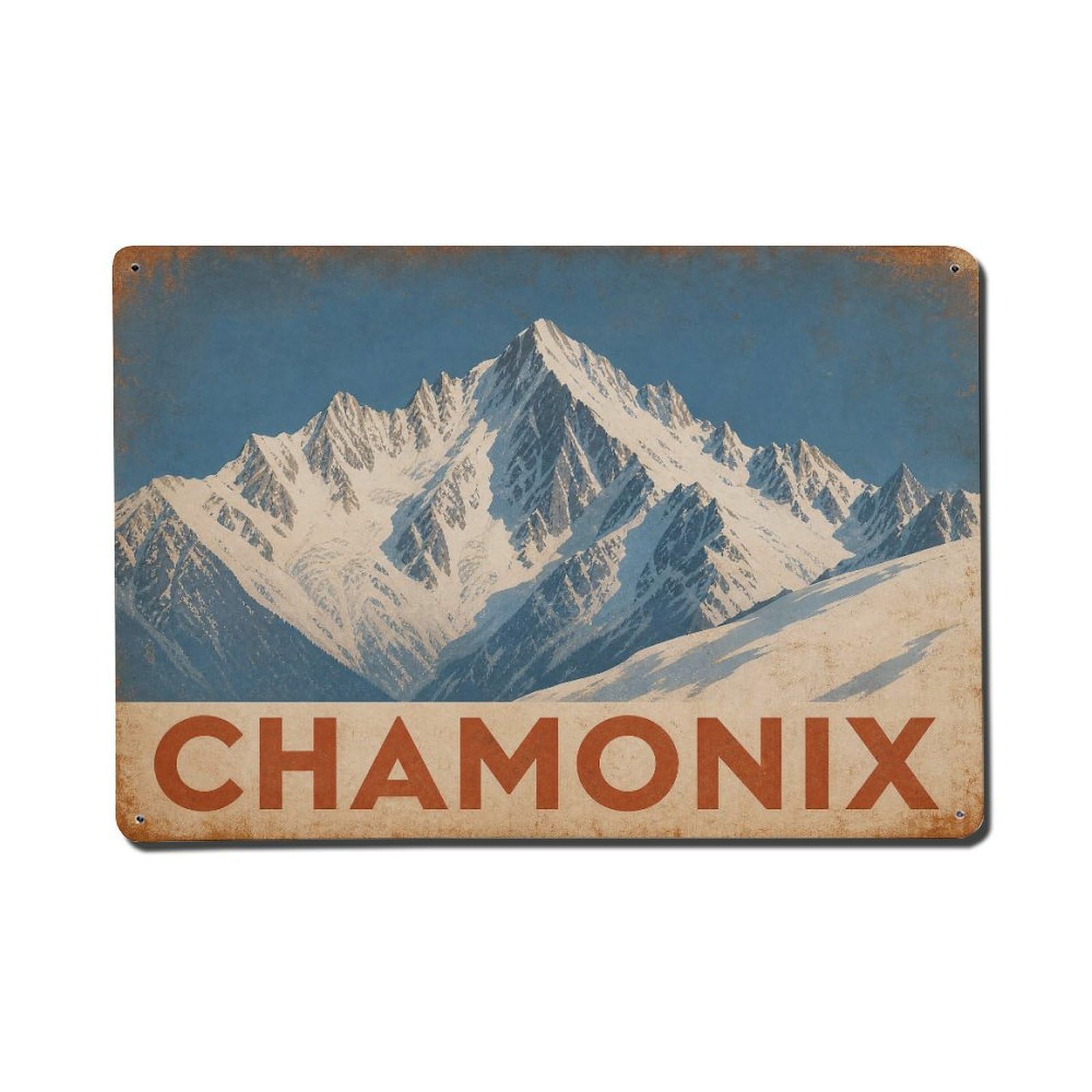 Vintage Travel Chamonix Snowy Summit Panorama France Metal Tin Sign