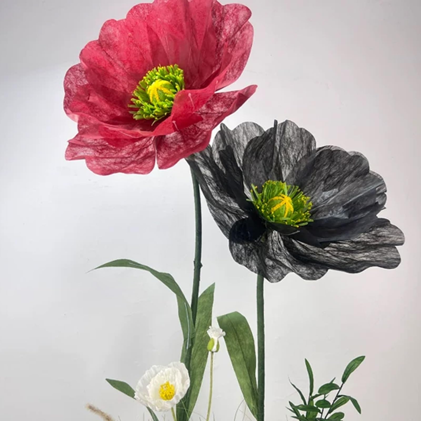 Duże Sztuczne Kwiaty do Dekoracji Papierowe Kwiaty z Giętkimi Łodygami i Metalową Podstawą, Mak na Zewnątrz na Ślub, Ekspozycje Komercyjne, Studio Fotograficzne, Bankiet(B)