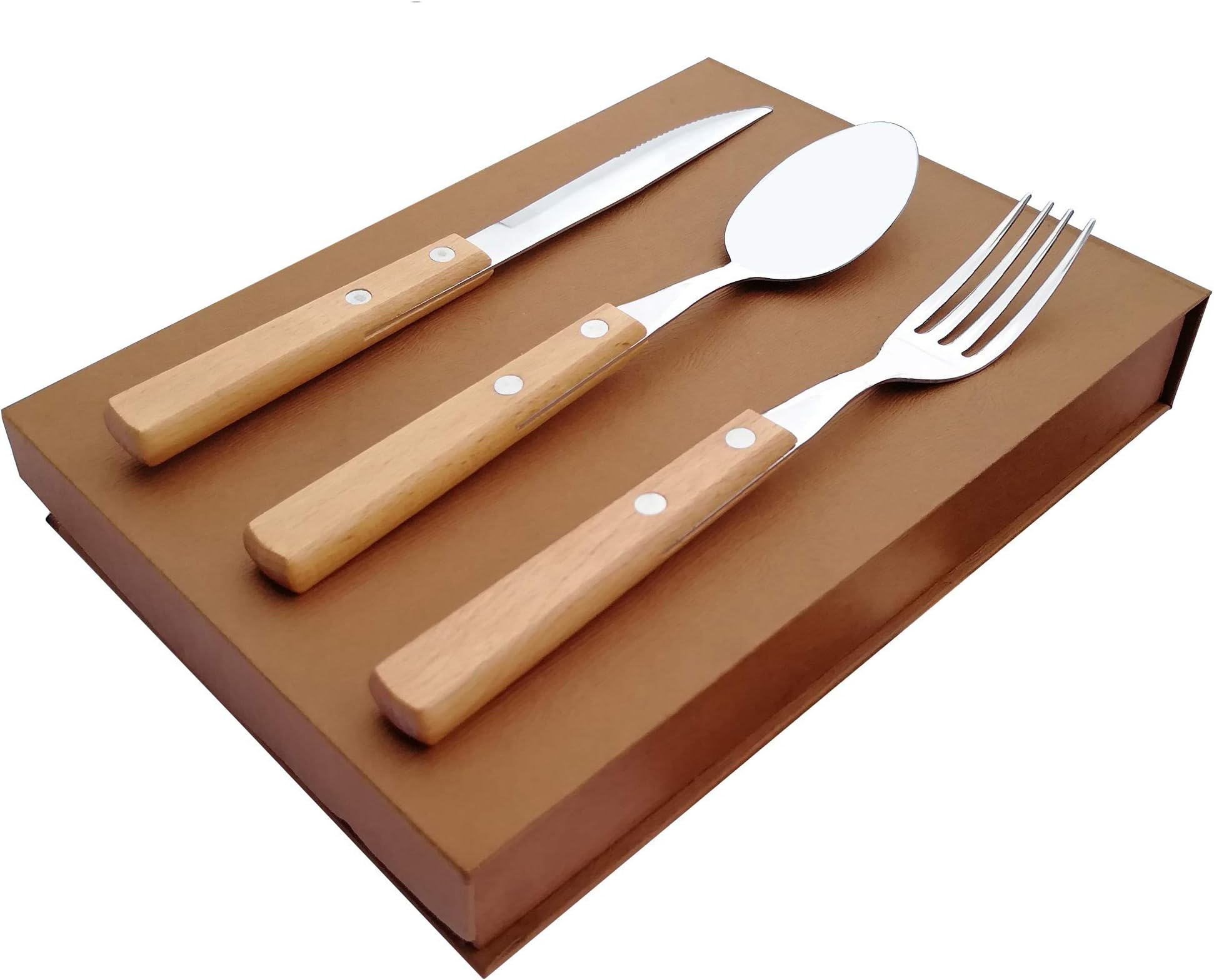 9 Pcs Rustic Wooden Handle Flatware Sets, Stainless Steel Flatware Best Fancy Silverware Unique Cutlery Set include Dessert Spoon, Dinner Fork, Knife Eating Utensils