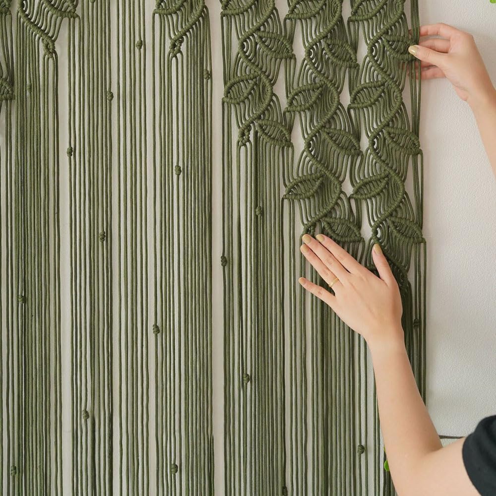 Green Leaf Tassels Macramé Curtain Macrame Wall Hanging Boho Wedding Arch Chic Macrame Valance 33.5'' W x78.7''L Curtain Bohemian Decor Macrame Wedding Backdrop