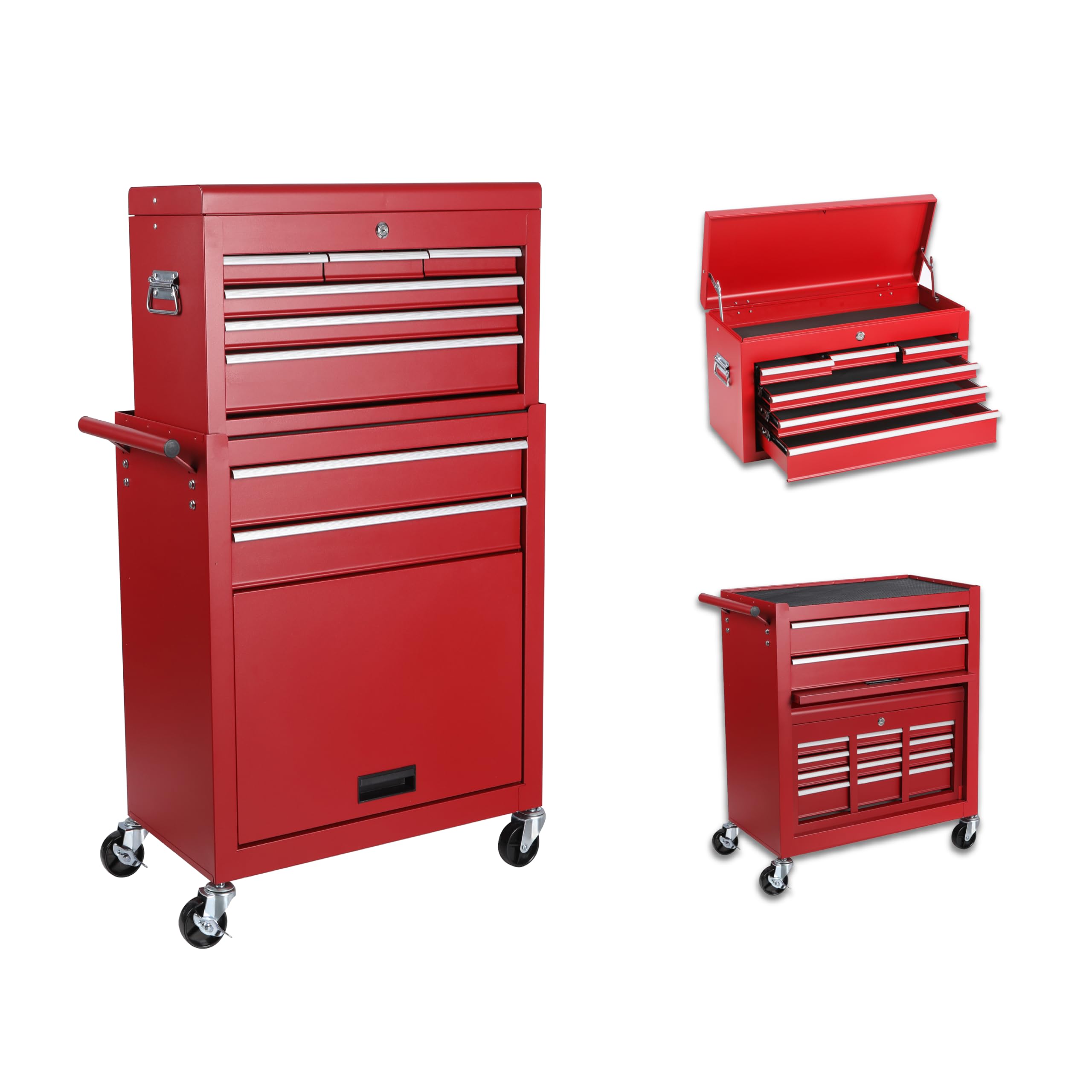 DSHADE Red Tool Chest 8-Drawer Rolling Tool Chest with 2 in 1 Detachable Top Tool Box, Liner, Lockable Wheels, Side Hooks, Locking Mechanism, Metal Tool Cart for Garage for Garage,Warehouse,Workshop