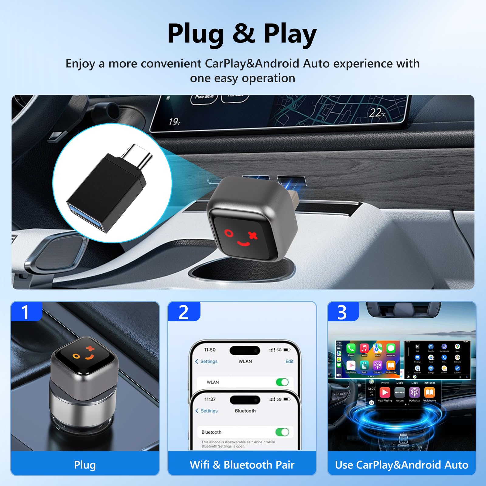 Senza Fili Adattatore 2-in-1 per CarPlay & Android Auto, Mini Adattatore dongle Carplay Wireless per Auto, Plug & Play Carplay USB/Type-C Compatibile con Phone iOS 10+ / Android 11+