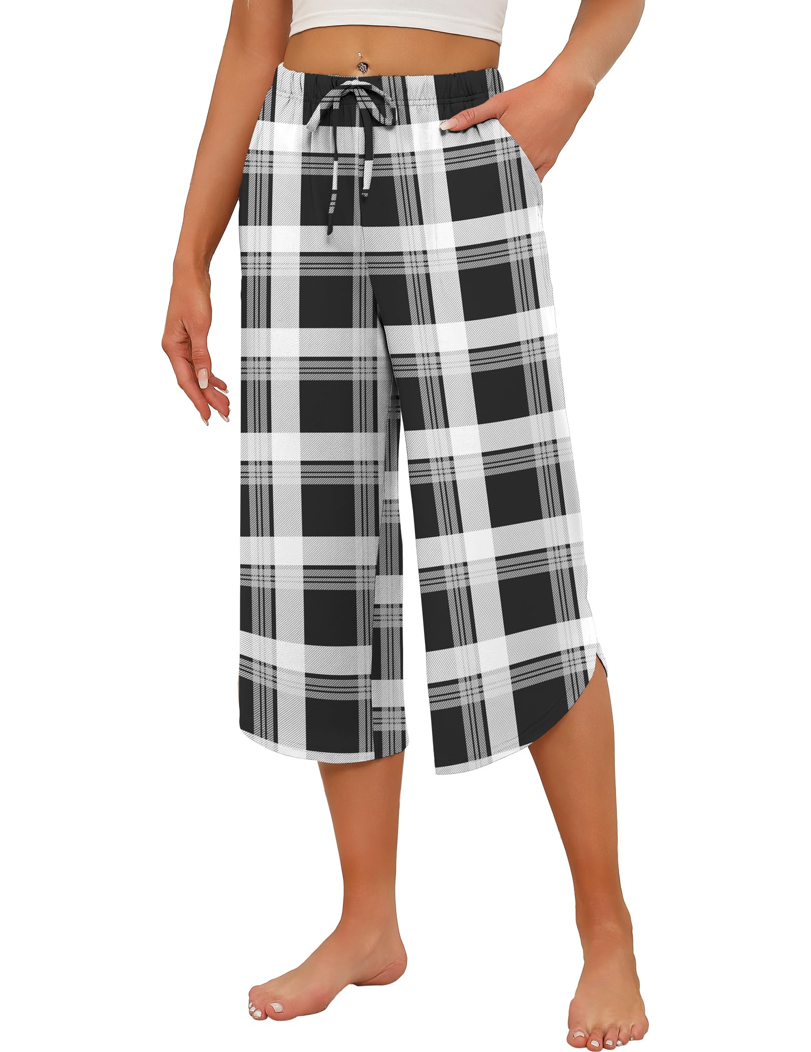 Ekouaer Womens Pajama Pants Capri 2026 Wide Leg Lounge Pj Pants Summer Comfy Drawstring Pajama Bottoms with Pockets