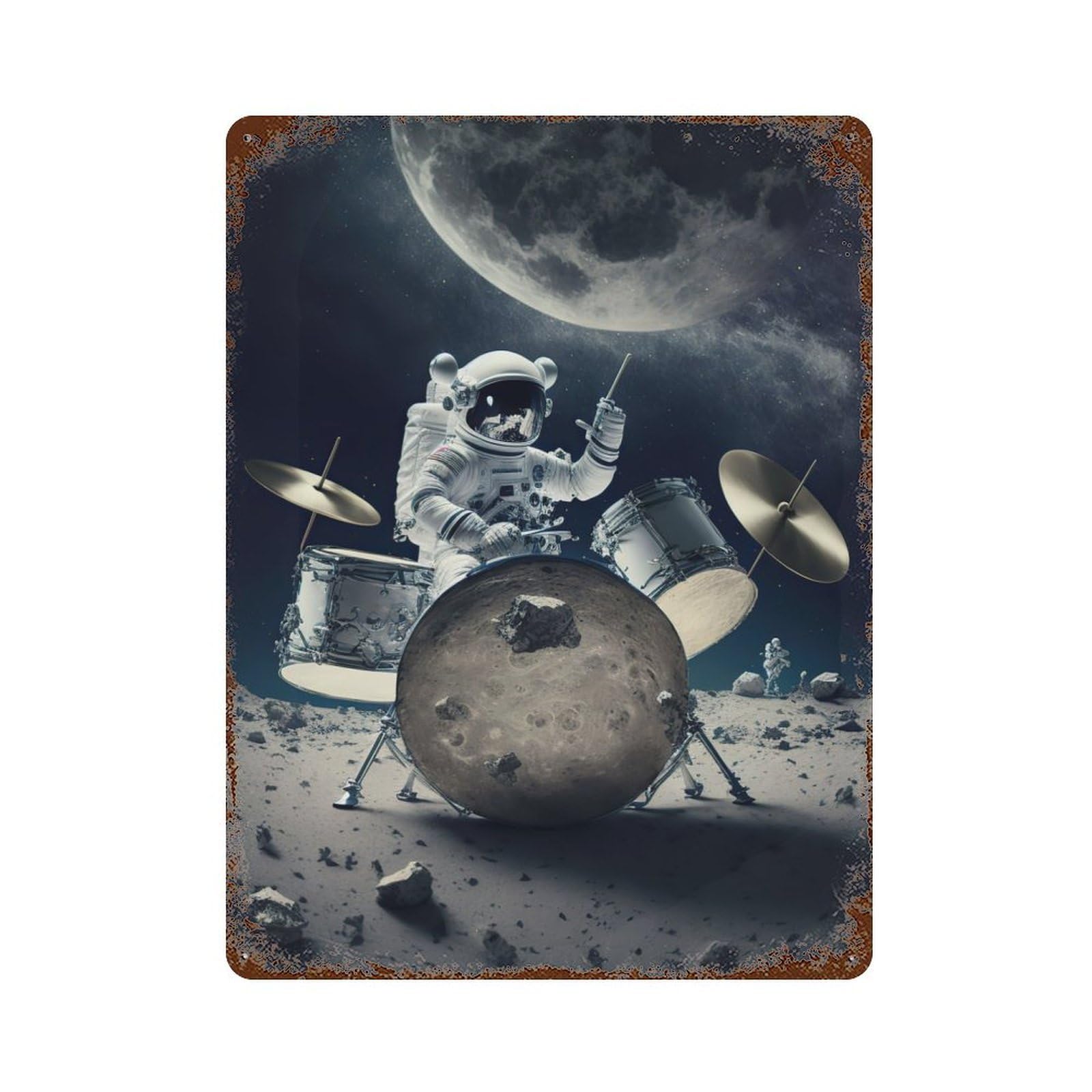 Astronaut Playing Drums Decorative Tin Sign 15.7"x11.8", for Bistro, Counter And Cafe Decor, Classic Wall Plaque