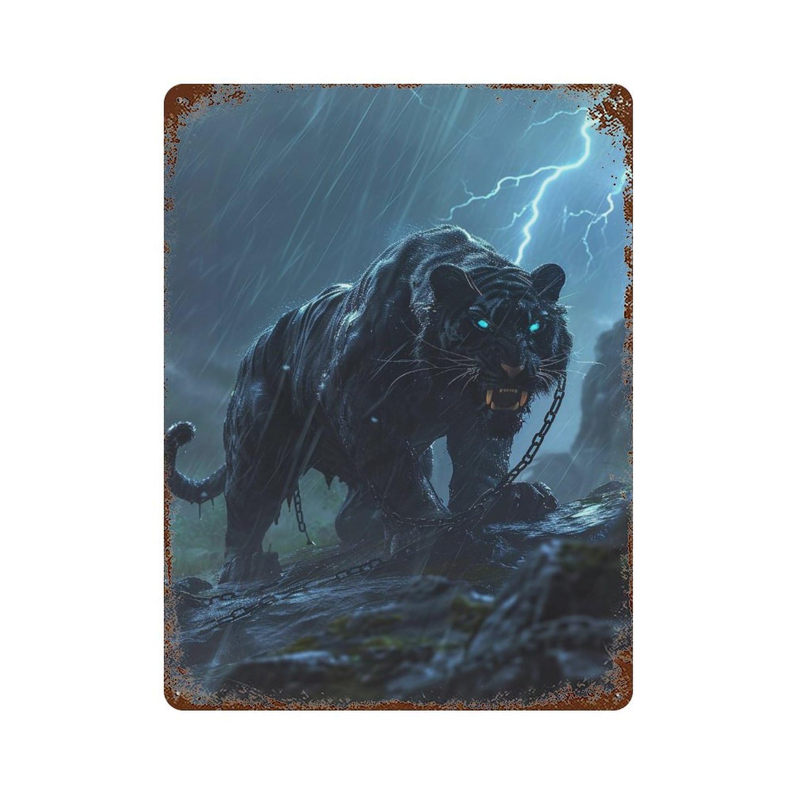 Black Panther in Stormy Night Weathered Tin Sign 15.7"x11.8", Rustic Home Decor for Garage, Bar And Workshop Decor